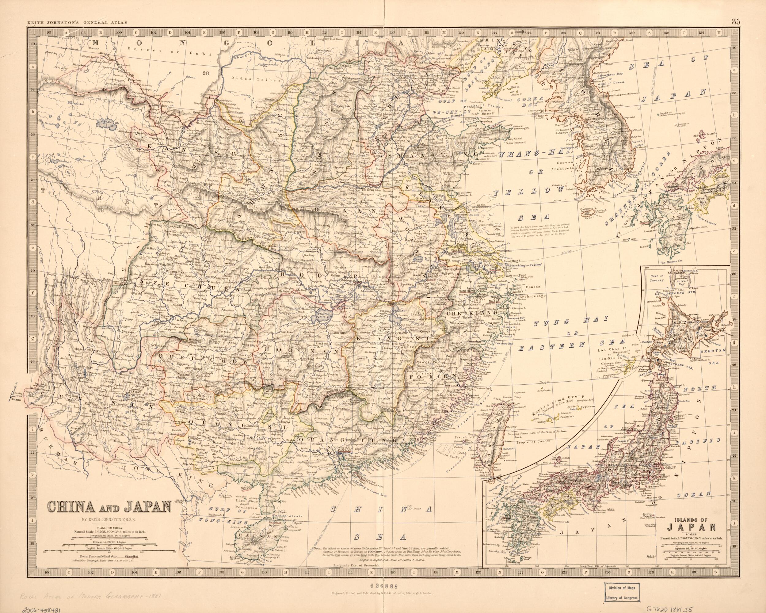 This old map of China and Japan from 1881 was created by Keith Johnston in 1881