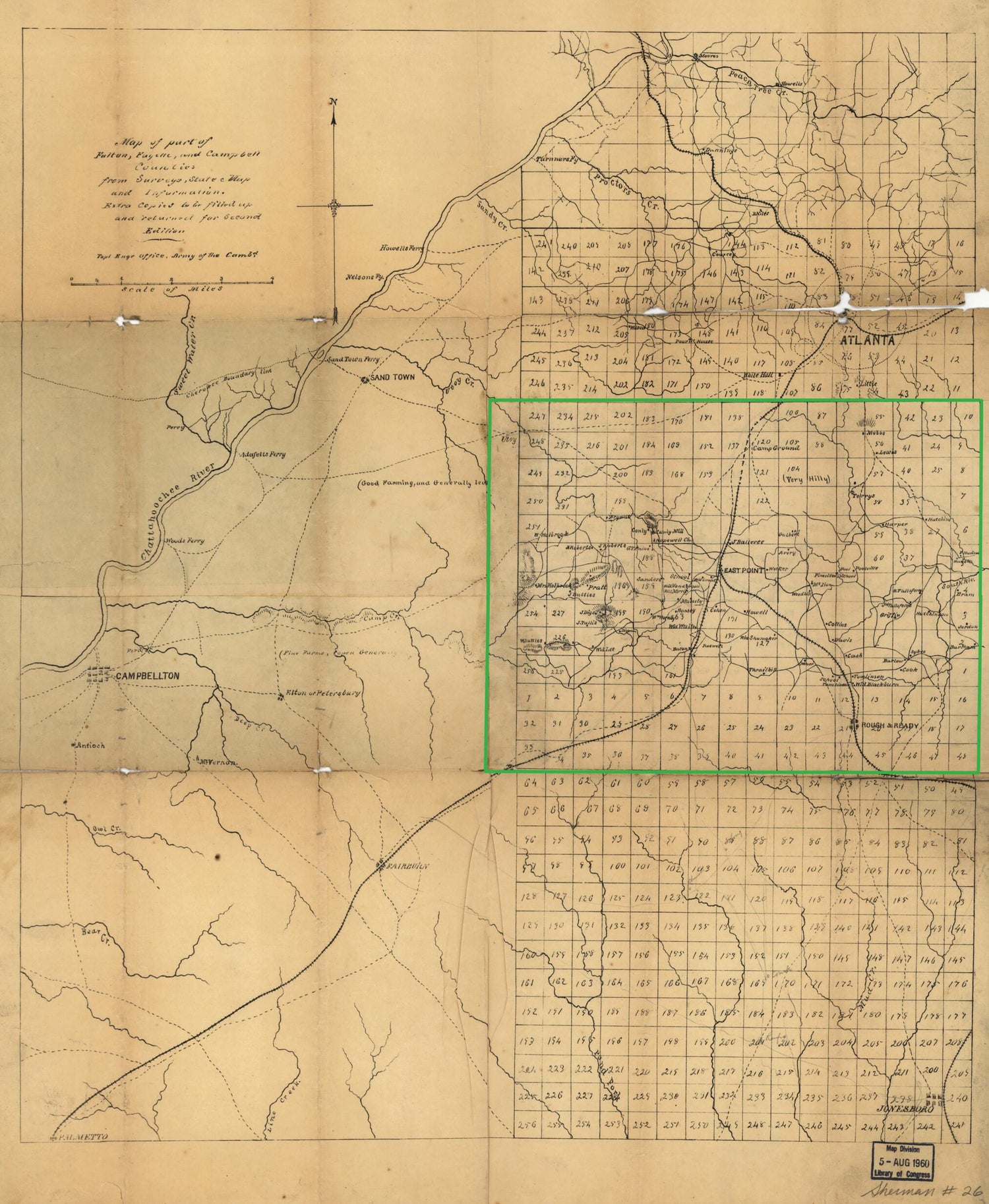 This old map of Map of Part of Fulton, Fayette, and Campbell Counties, from Surveys, State Map, and Information, Extra Copies to Be Filled Up and Returned for Second Edition (Map of Part of Georgia) from 1864 was created by  United States. Army of the Cu