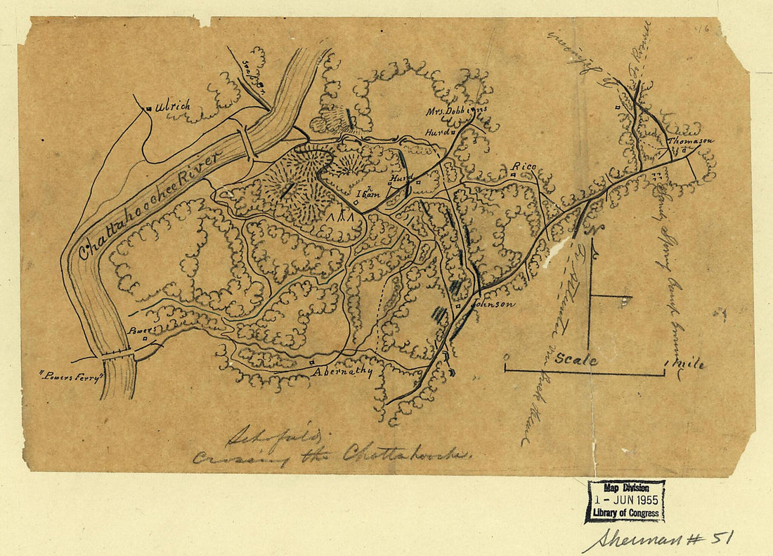 This old map of Schofield Crossing the Chattahooche sic. (Schofield Crossing the Chattahoochee) from 1864 was created by  in 1864
