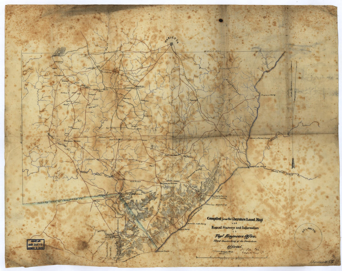 This old map of Map of Southern Portion of Cobb County, Georgia, from Marietta to the Chattahoochee River from 1864 was created by O. M. (Orlando Metcalfe) Poe,  United States. Army of the Cumberland. Topographical Engineers Office in 1864