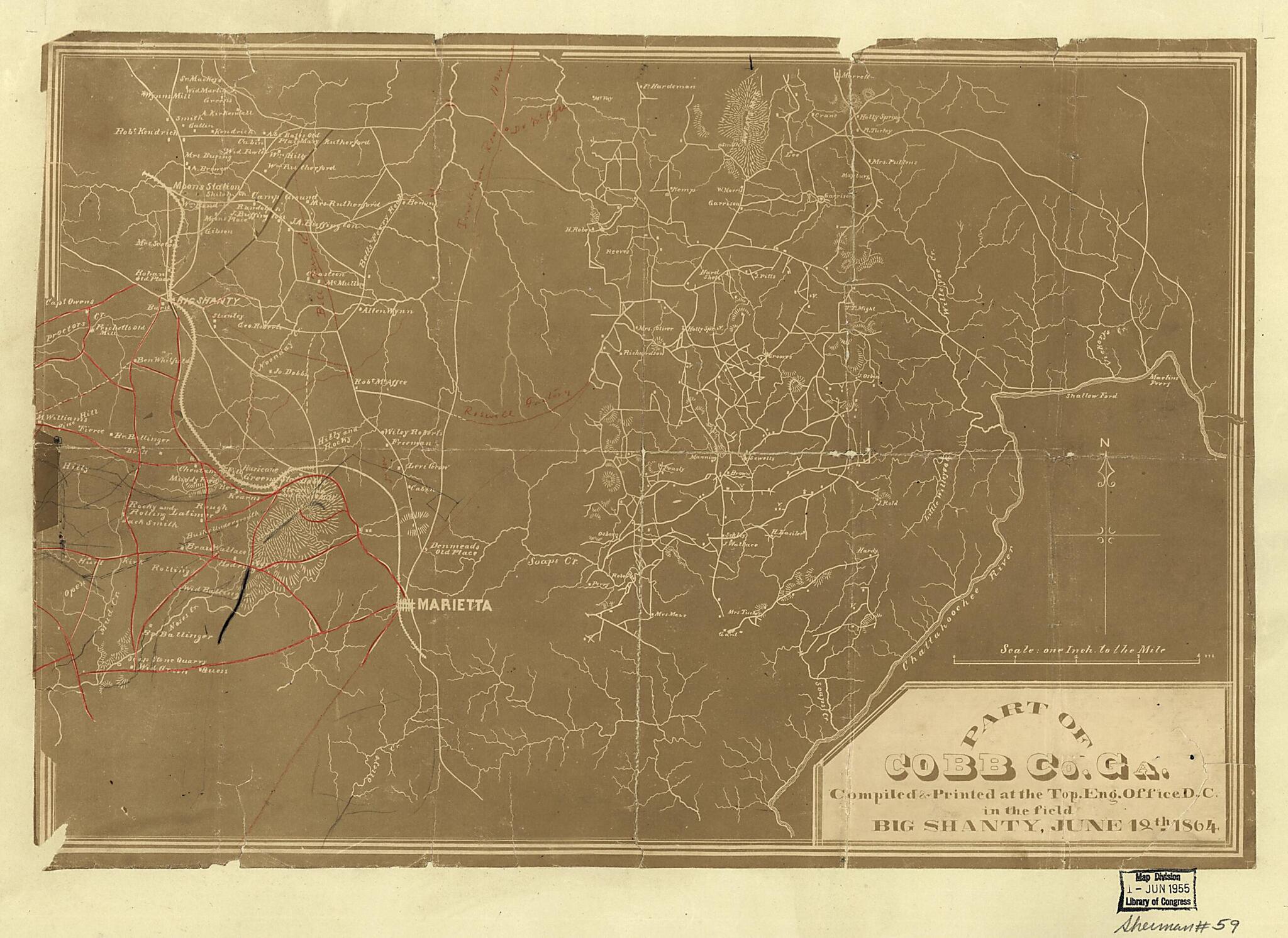 This old map of Part of Cobb County, Georgia (Part of Cobb County, Georgia) from 1864 was created by  United States. Army. Corps of Topographical Engineers,  United States. Army. Department of the Cumberland. Topographical Engineers in 1864