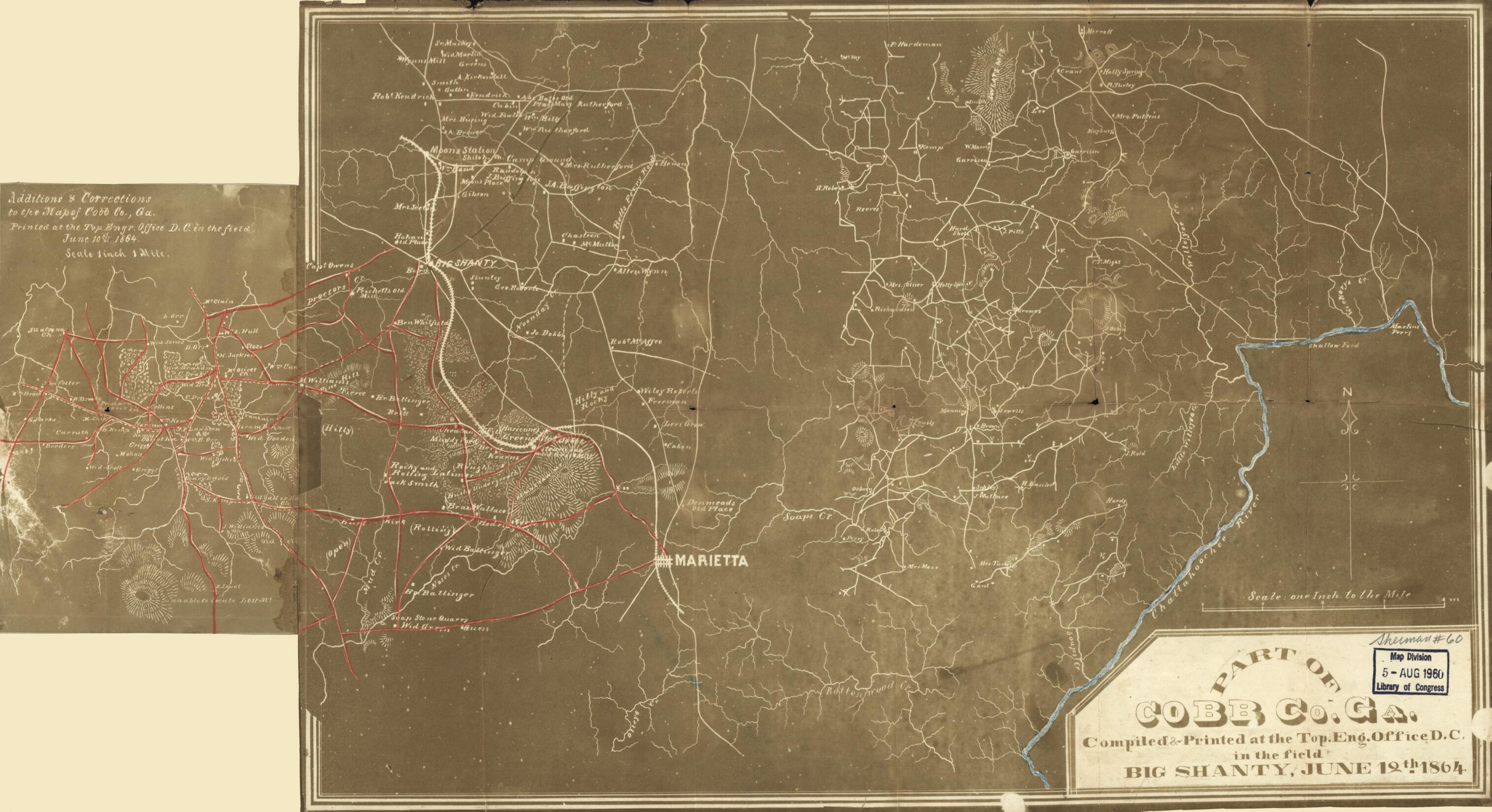 This old map of Part of Cobb Co., Georgia (Part of Cobb County, Georgia, Additions &amp; Corrections to the Map of Cobb Co. Ga., Printed at the Top. Engr. Office, D.C., In the Field, June 10th, from 1864, Map of Cobb Co., Ga) was created by  United States. A