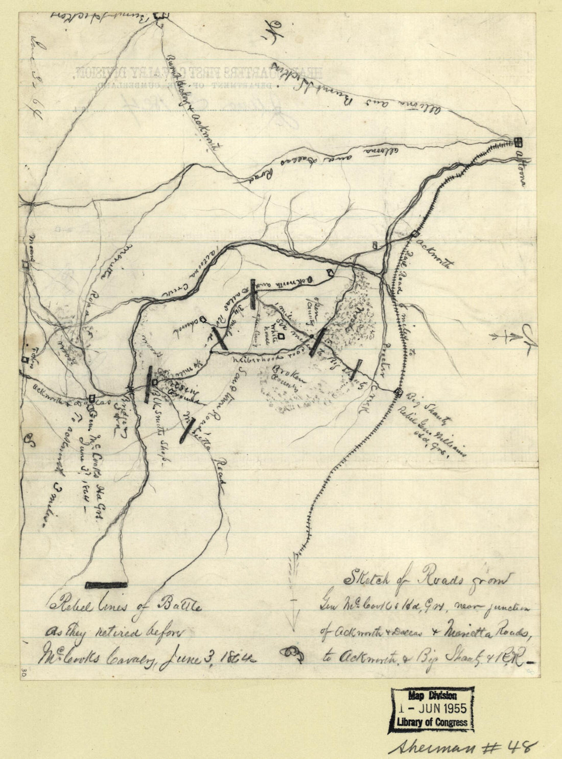 This old map of Sketch of Roads from Gen. McCooks Hd. Qrs. Near Junction of Ackworth &amp; Dallas &amp; Marietta Roads, to Ackworth &amp; Big Shanty &amp; R.R. : Rebel Lines of Battle As They Retired Before McCooks Cavalry, June 3, from 1864 was created by  in 1864