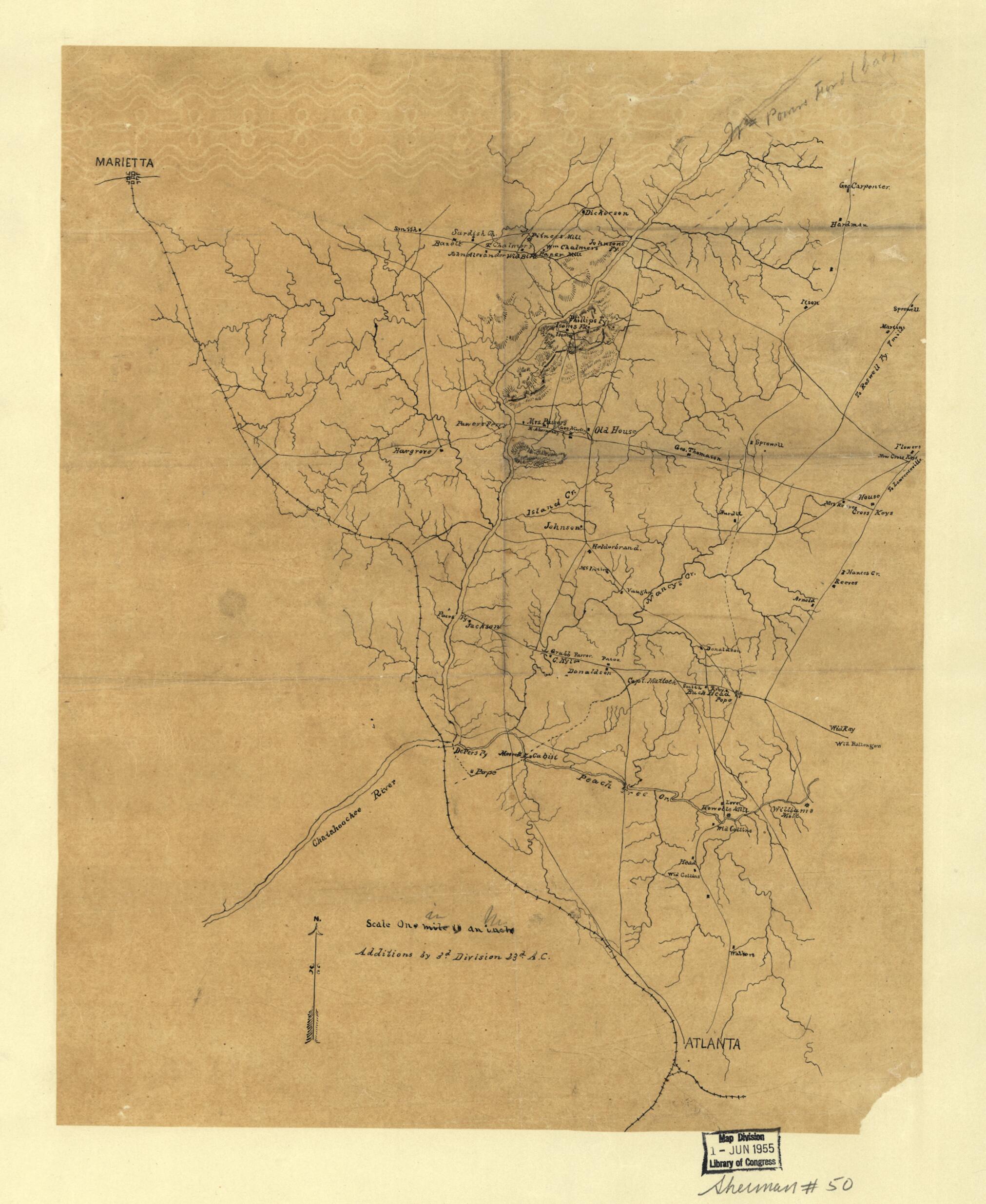 This old map of Map of Part of the Counties of Fulton and Cobb, Georgia, Showing Fortifications On the Chattahoochee River at Isoms Ford and Phillips Ferry from 1864 was created by  in 1864