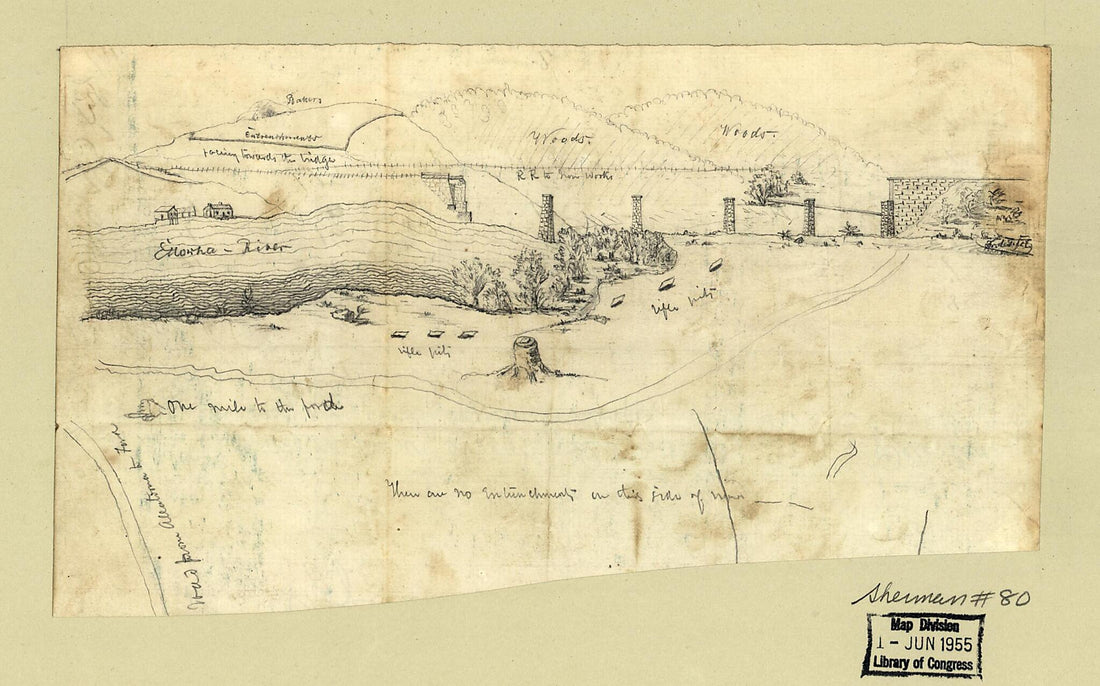 This old map of View of Fortifications Near the Ruins of the Western and Atlantic Railroad Bridge Across the Etowah River In Georgia from 1864 was created by  in 1864
