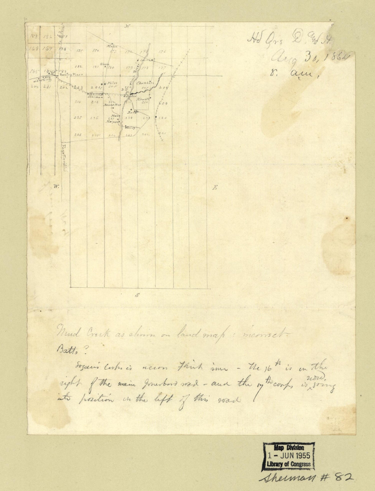 This old map of Hd. Qrs. D. and A. Tennessee Aug. 30, from 1864, 8 A.m. : Pencil Sketch Showing the Location of the Headquarters, Department of the Tennessee, On Flint River Near Jonesboro, Georgia. (Head Quarters Department and Army of the Tennessee, Au