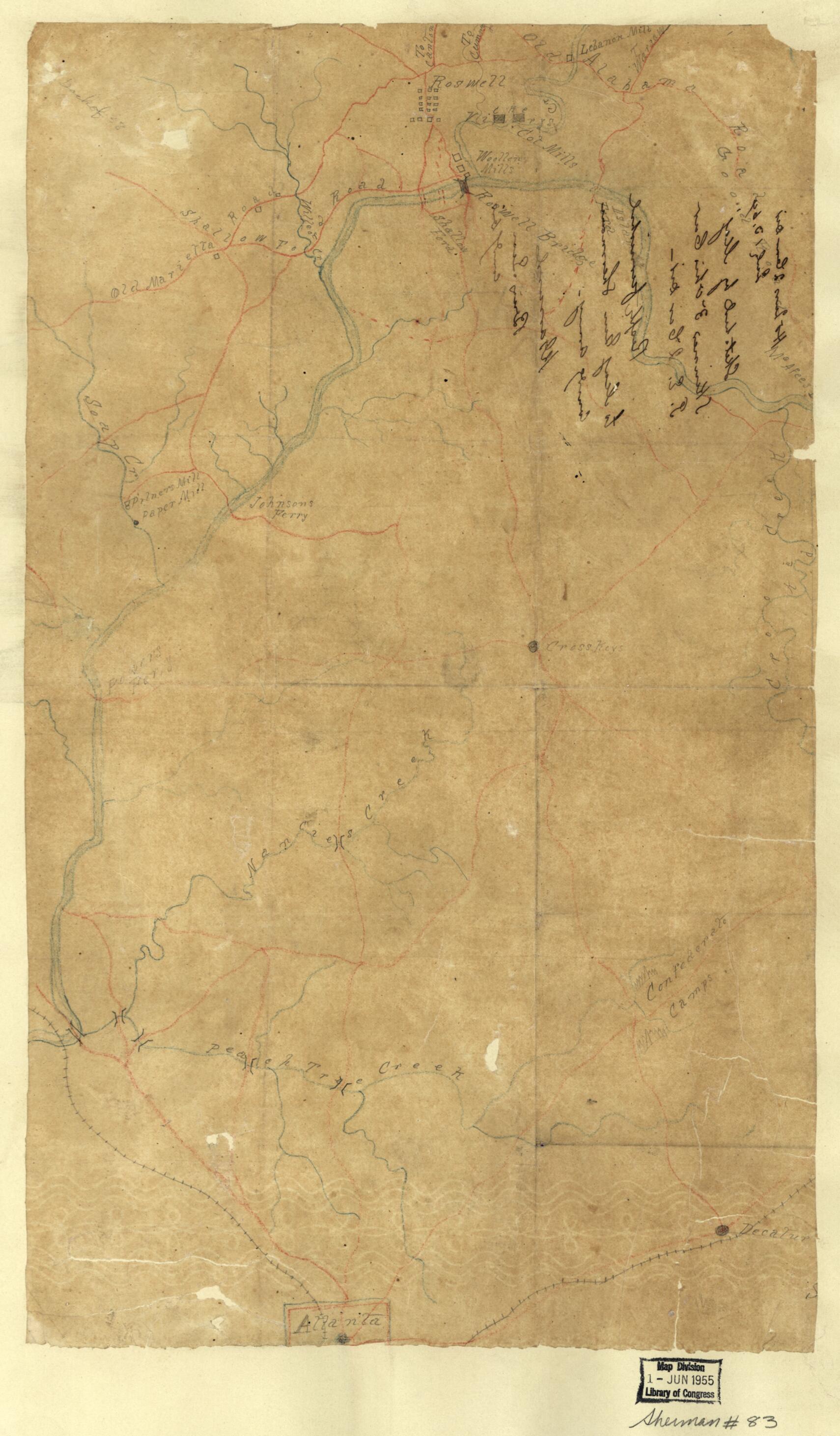 This old map of Map of Part of Fulton County, Georgia, from Roswell South to Atlanta, July 13, from 1864 was created by K. (Kenner) Garrard, C. W. (Charles W.) Skinner in 1864