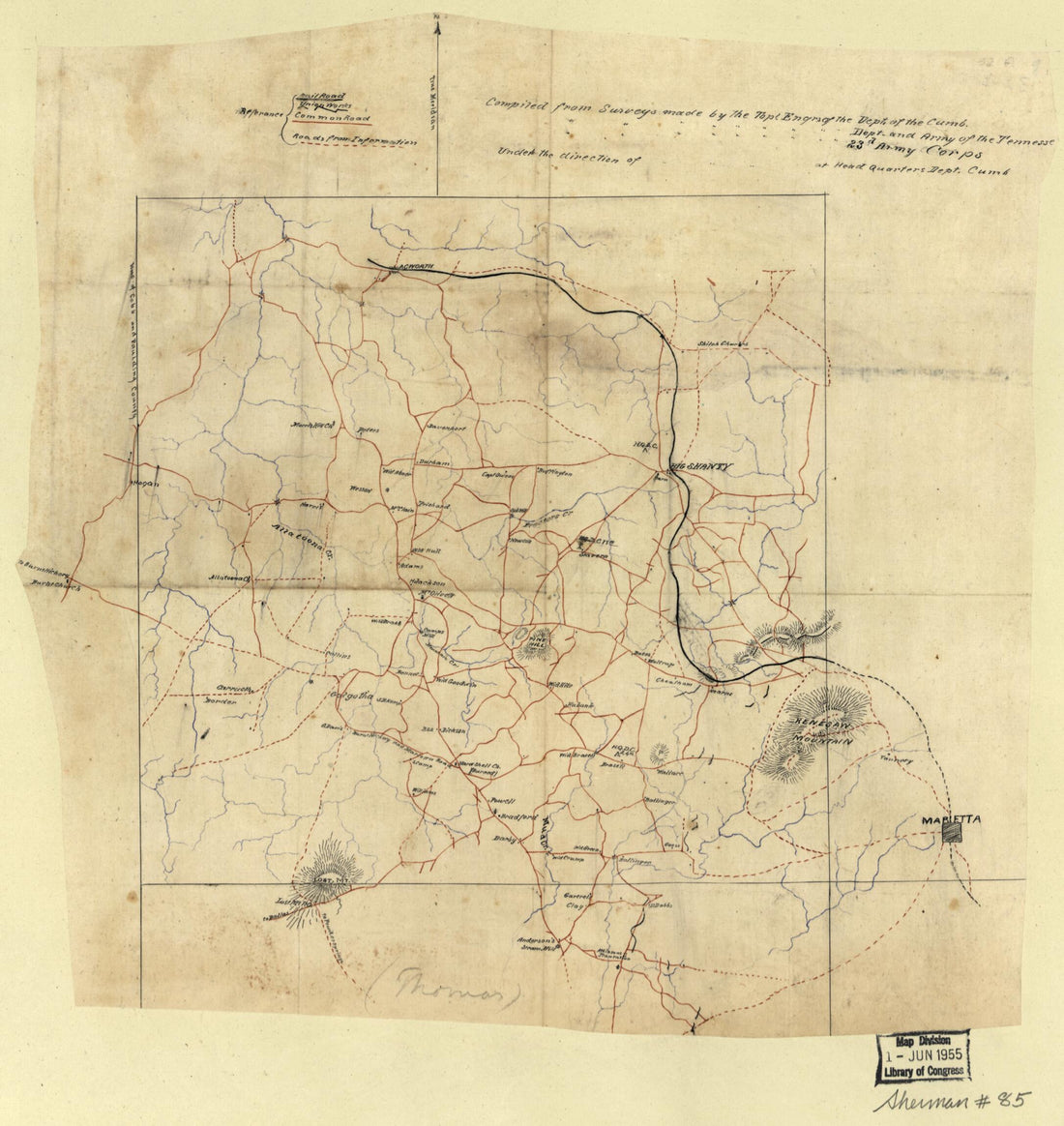 This old map of Map of the Northwestern Part of Cobb County, Georgia, Showing Union Works Near Kenesaw sic Mountain, June from 1864 was created by 23rd (). Topographical Engineers United States. Army. Corps,  United States. Army. Department of the Cumber