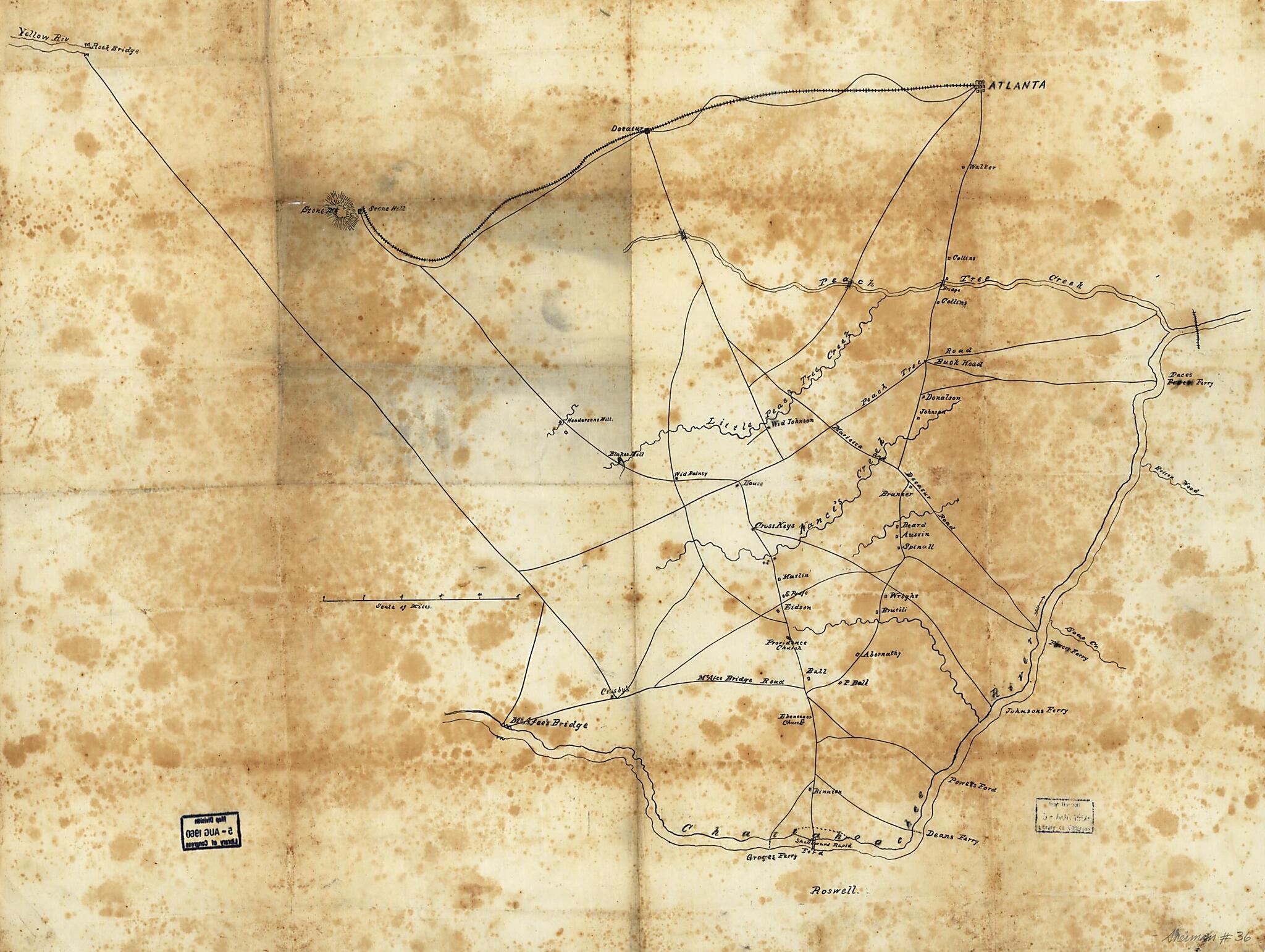 This old map of Pen and Ink Sketch Map Drawn On Tracing Cloth, Showing Roads, Streams, Bridges, Ferries, Fords, Houses, Names of Residents, and Towns Between Atlanta and the Chattahoochee River, from 1864 was created by  in 1864