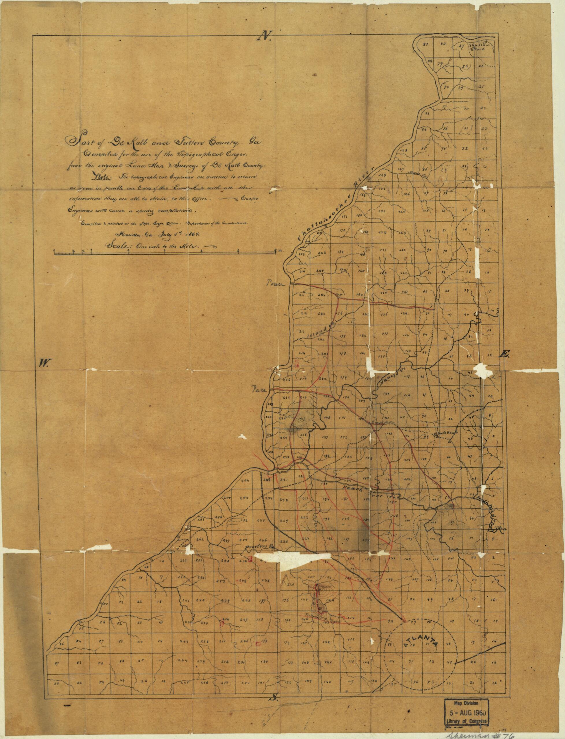 This old map of Part of DeKalb and Fulton County, Georgia : Compiled for the Use of the Topographical Engrs. from the Original Land Map &amp; Surveys of DeKalb County from 1864 was created by  United States. Army. Department of the Cumberland. Topographical 