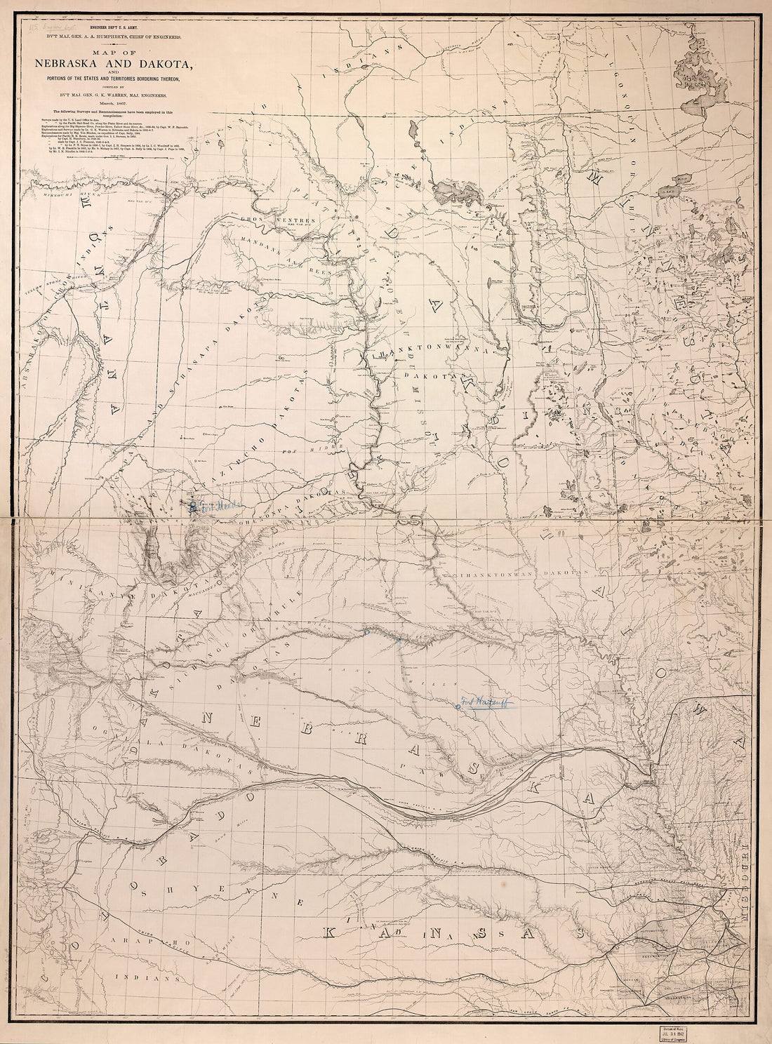 This old map of Map of Nebraska and Dakota and Portions of the States and Territories Bordering Thereon from 1867 was created by  United States. Army. Corps of Engineers, G. K. (Gouverneur Kemble) Warren in 1867