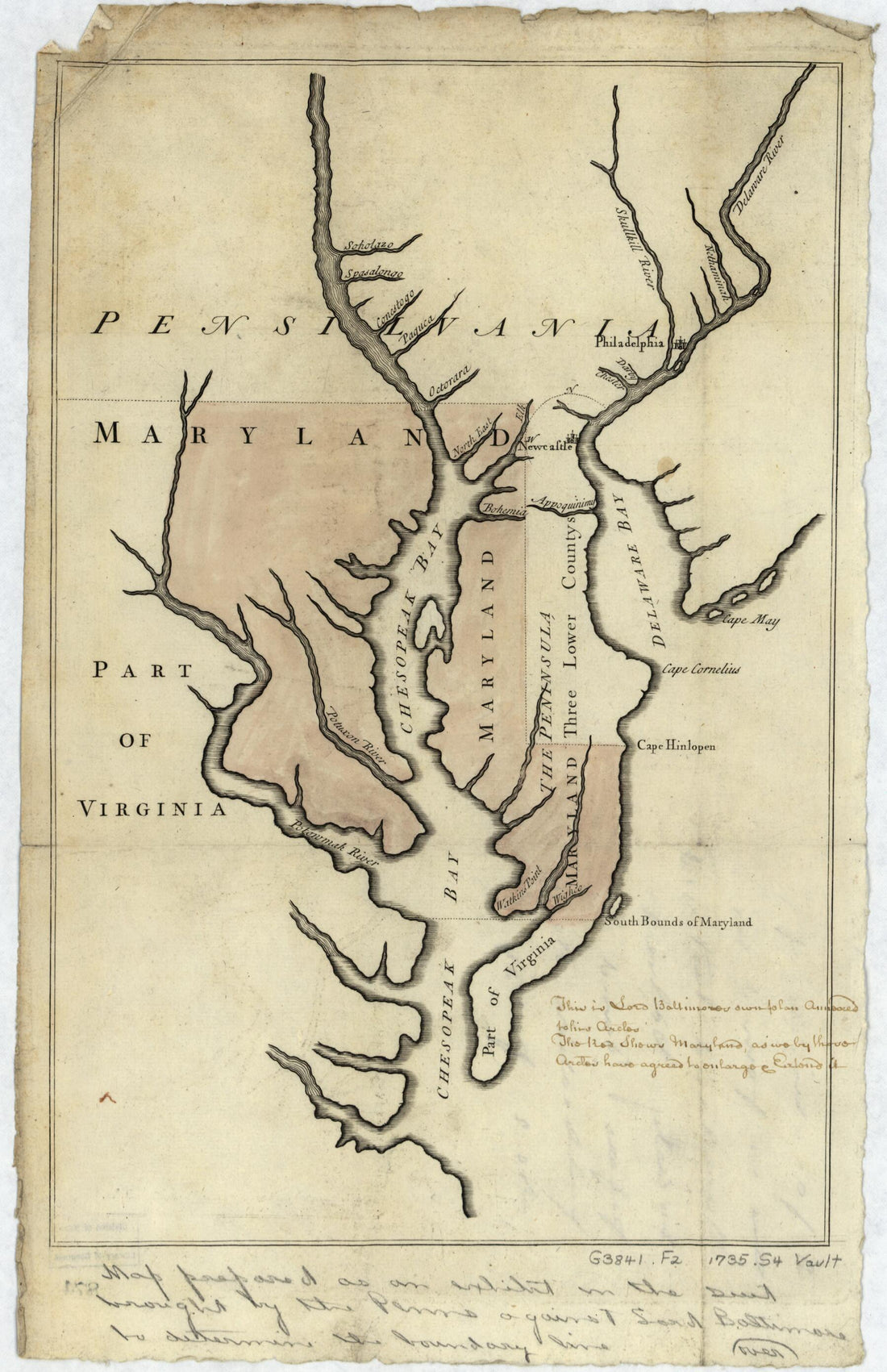 This old map of Pennsylvania Boundary Used As Trial Exhibits In the 1735 Court Suit Brought by the Penns Against Lord Baltimore to Determine the Official Interprovincial Boundary Line from 1732 was created by Ferdinand John Paris, John Senex in 1732