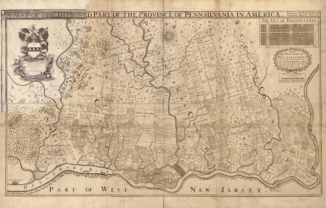 This old map of A Map of the Improved Part of the Province of Pennsilvania In America : Begun by Wil. Penn, Proprietary &amp; Governour Thereof Anno 1681 (Map of the Province of Pennsilvania Containing the Three Countyes of Chester, Philadelphia &amp; Bucks :) f