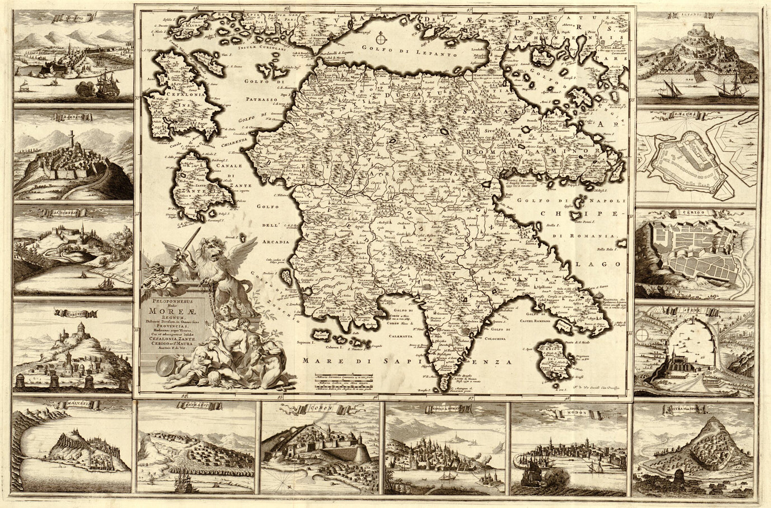 This old map of Peloponnesus Hodie Moreæ Regnum : Distincté Divisum In Omnes Suas Provincias, Hodiernas Atque Veteres, Cui Et Adiuguntur Insulæ Cefalonia, Zante, Cerigo Et St. Maura from 1688 was created by Frederik De Wit in 1688