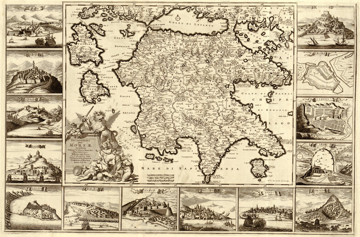 Peloponnesus Hodie Moreæ Regnum : Distincté Divisum In Omnes Suas Provincias, Hodiernas Atque Veteres, Cui Et Adiuguntur Insulæ Cefalonia, Zante, Cerigo Et St. Maura 1688 by Relic Map Company