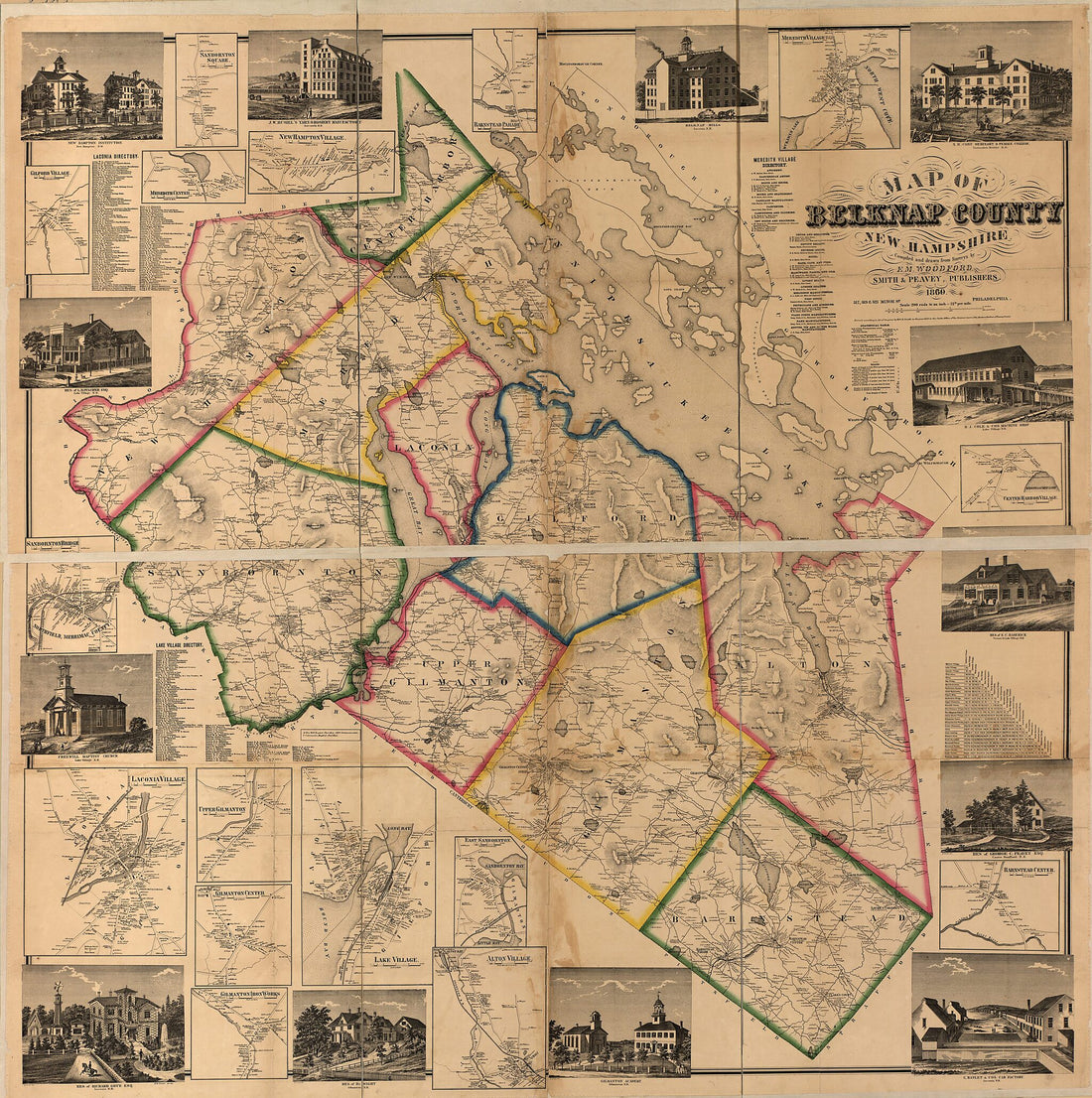 This old map of Map of Belknap County, New Hampshire from 1860 was created by  Smith &amp; Peavey, E. M. Woodford in 1860