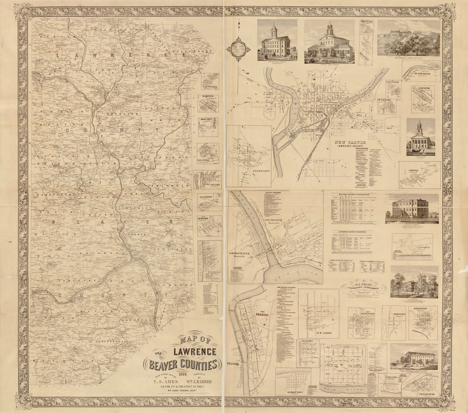 This old map of Map of Lawrence and Beaver Counties from 1860 was created by N. S. Ames, Wm. J. (William J.) Barker in 1860