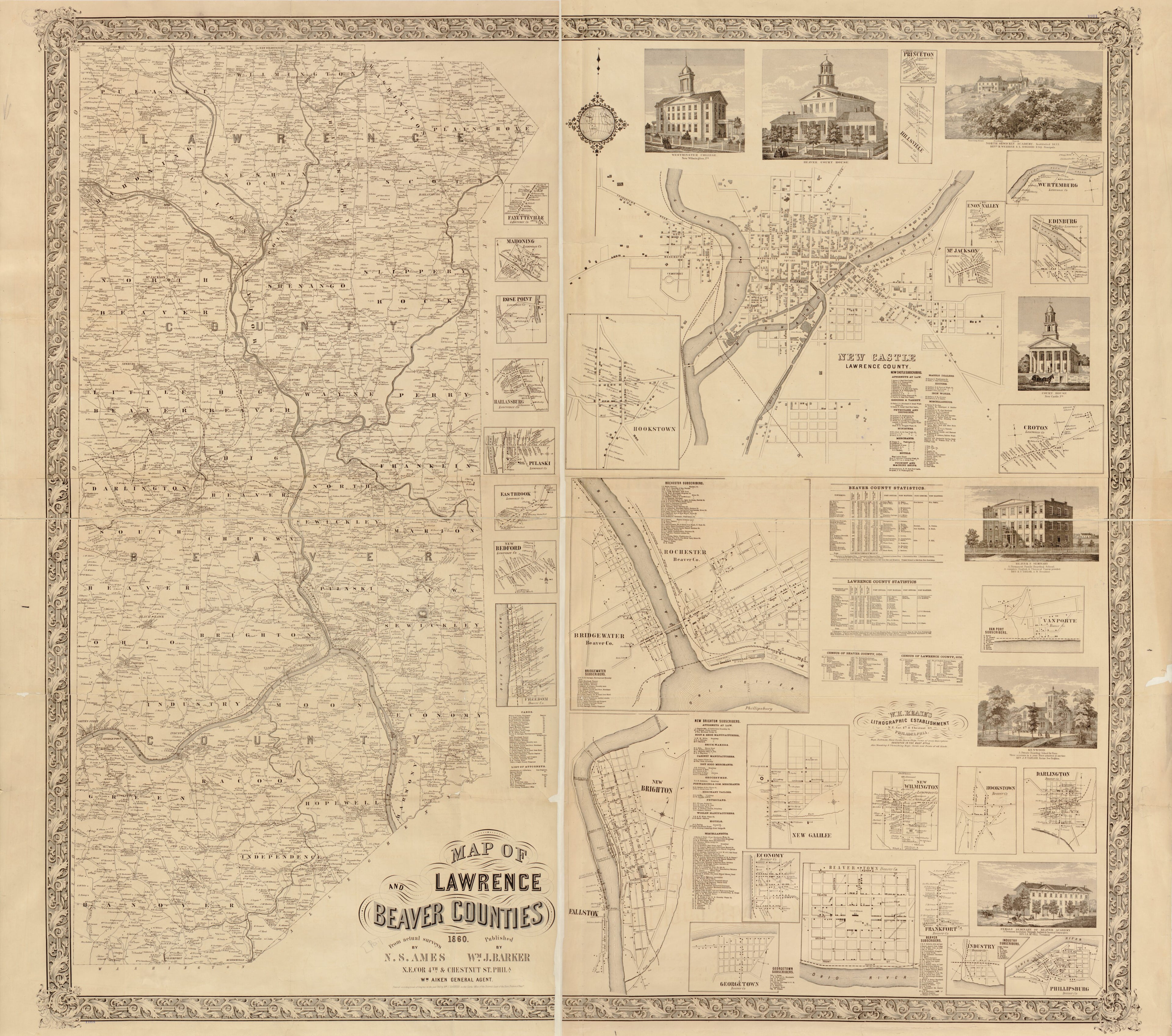 This old map of Map of Lawrence and Beaver Counties from 1860 was created by N. S. Ames, Wm. J. (William J.) Barker in 1860