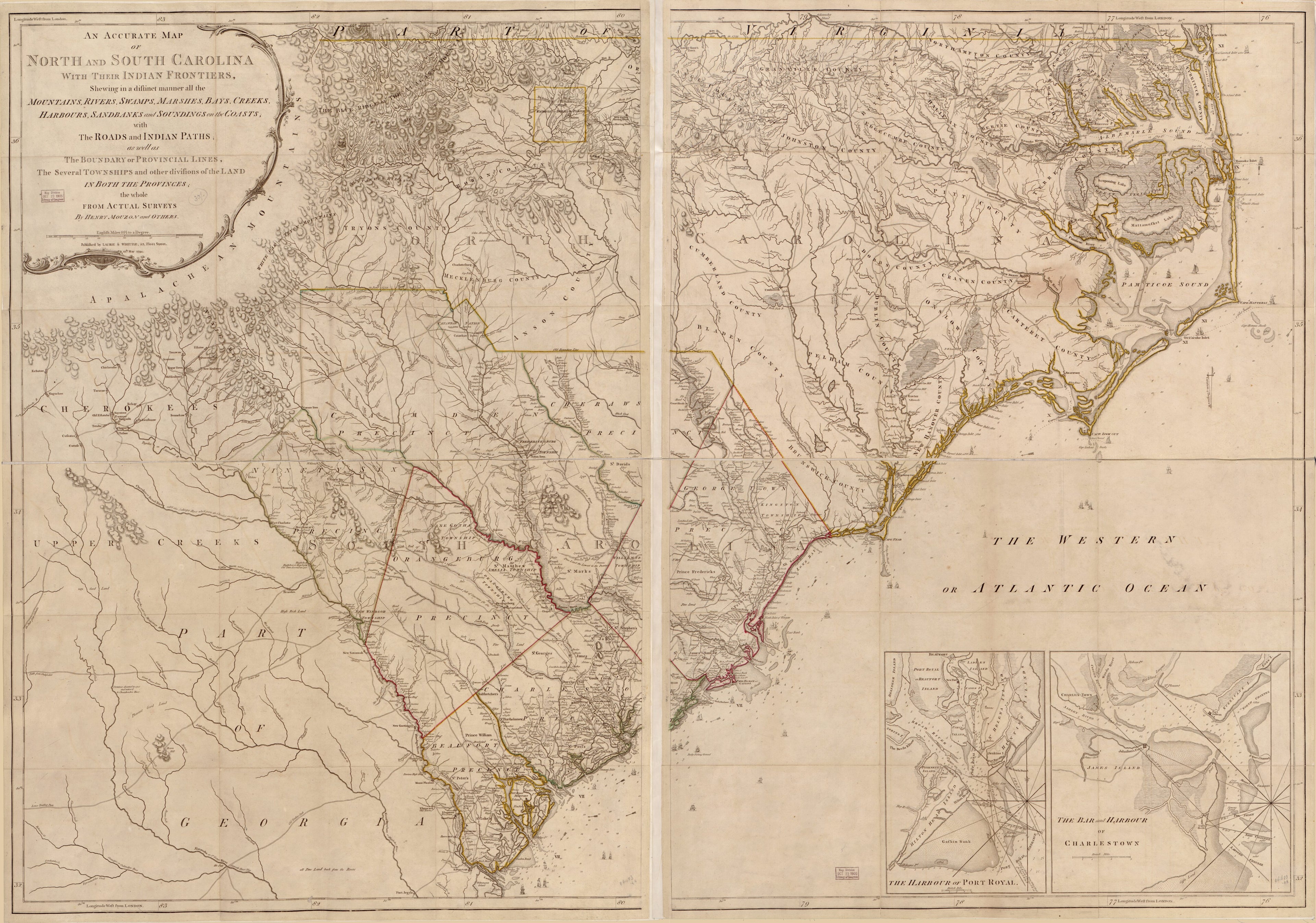 This old map of An Accurate Map of North and South Carolina With Their Indian Frontier, Shewing In a Distinct Manner All the Mountains, Rivers, Swamps, Arshes, Bays, Creeks, Harbours, Sandbanks and Soundings On the Coasts With the Roads and Indian Paths 