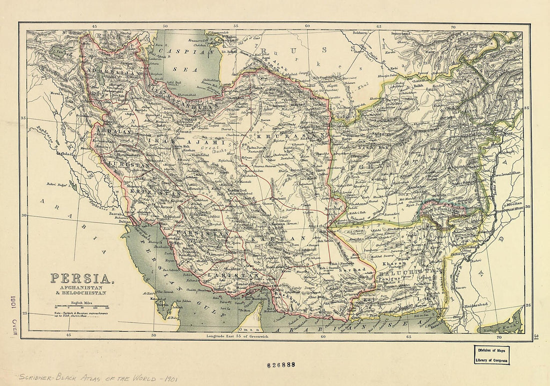 This old map of Persia, Afghanistan &amp; Baluchistan. (Persia, Afghanistan and Baluchistan) from 1901 was created by  Scribner &amp; Co in 1901