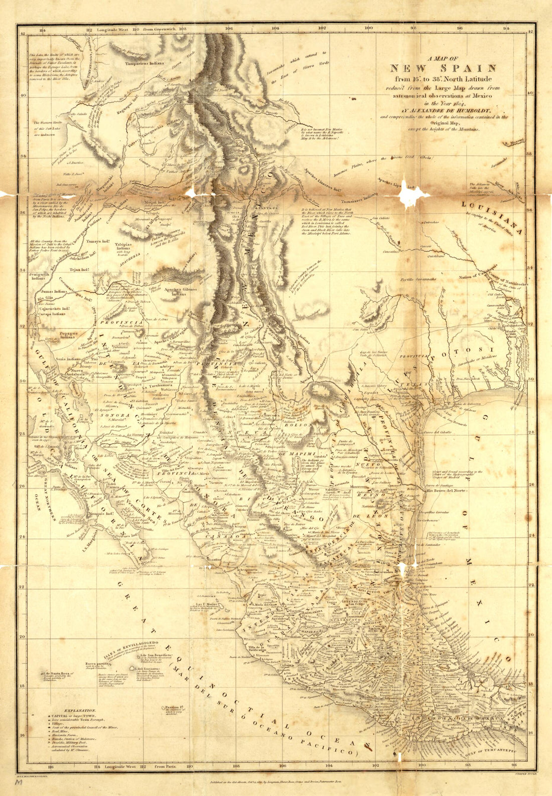 This old map of A Map of New Spain, from 16⁰ to 38⁰ North Latitude Reduced from the Large Map from 1804 was created by Alexander Von Humboldt in 1804
