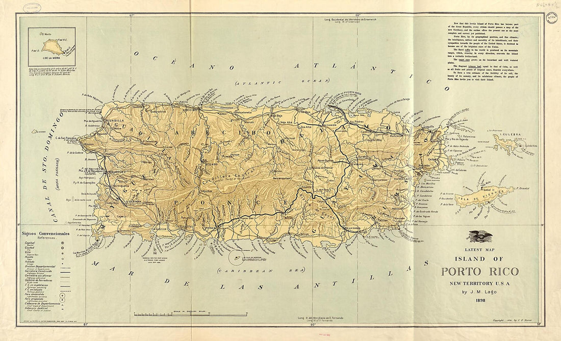 This old map of Latest Map of Island of Portosic Rico, New Territory U.S.A. (Latest Map of Island of Puerto Rico, New Territory U.S.A.) from 1898 was created by J. M. Lago in 1898