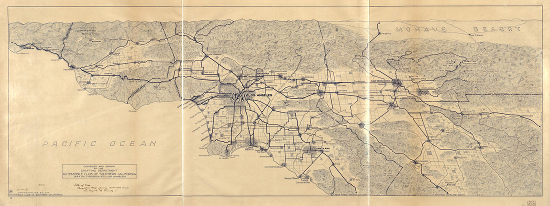 This old map of Map of Los Angeles and the San Gabriel Mountains (Perspective Map Showing Automobile Roads, Los Angeles and Vicinity) from 1915 was created by  Automobile Club of Southern California in 1915
