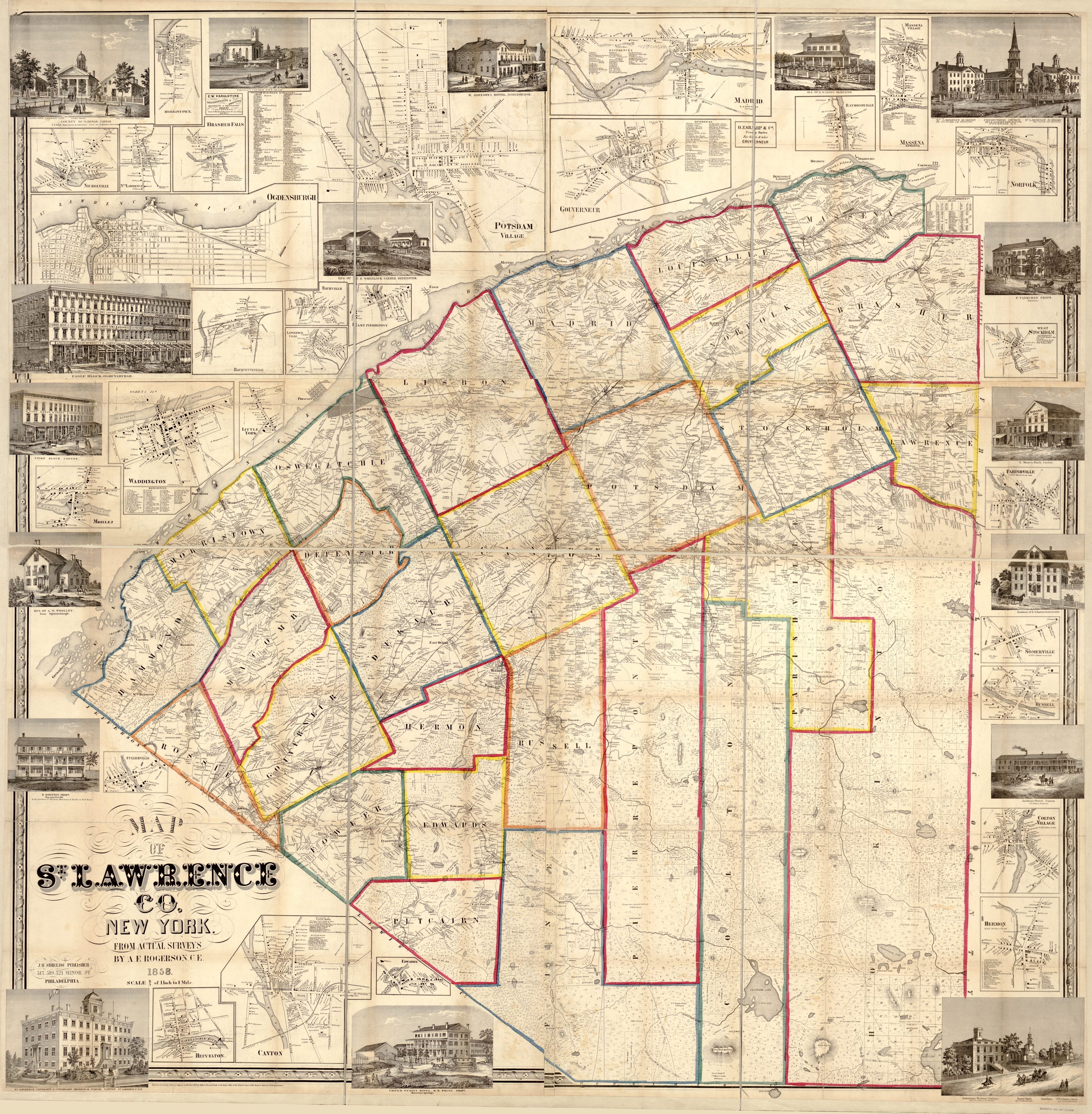 This old map of Map of St. Lawrence Co. New York from 1858 was created by A. E. (Andrew E.) Rogerson in 1858