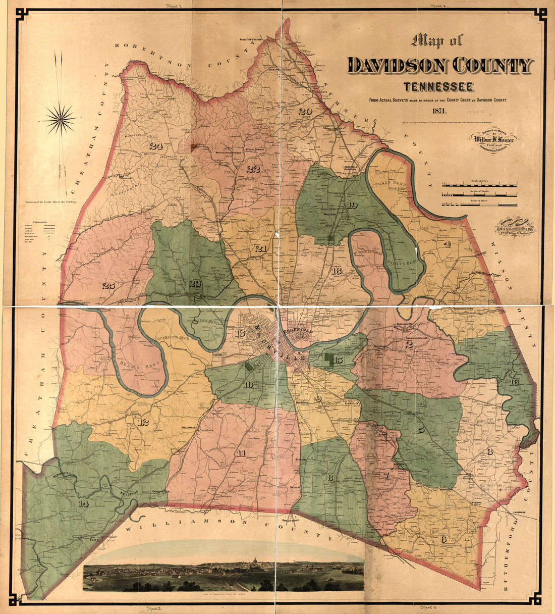 This old map of Map of Davidson County Tennessee, from Actual Surveys Made by Order of the County Court of Davidson County, from 1871 was created by Wilbur F. Foster,  G.W. &amp; C.B. Colton &amp; Co in 1871