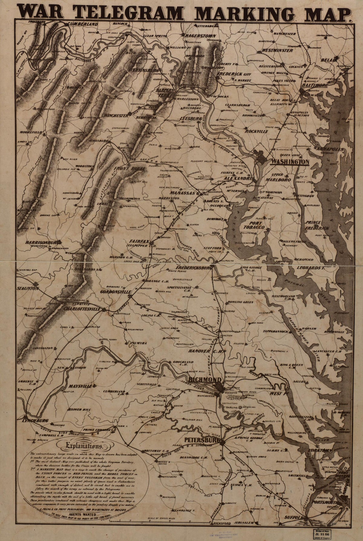 War Telegram Marking Map 1862 by Relic Map Company