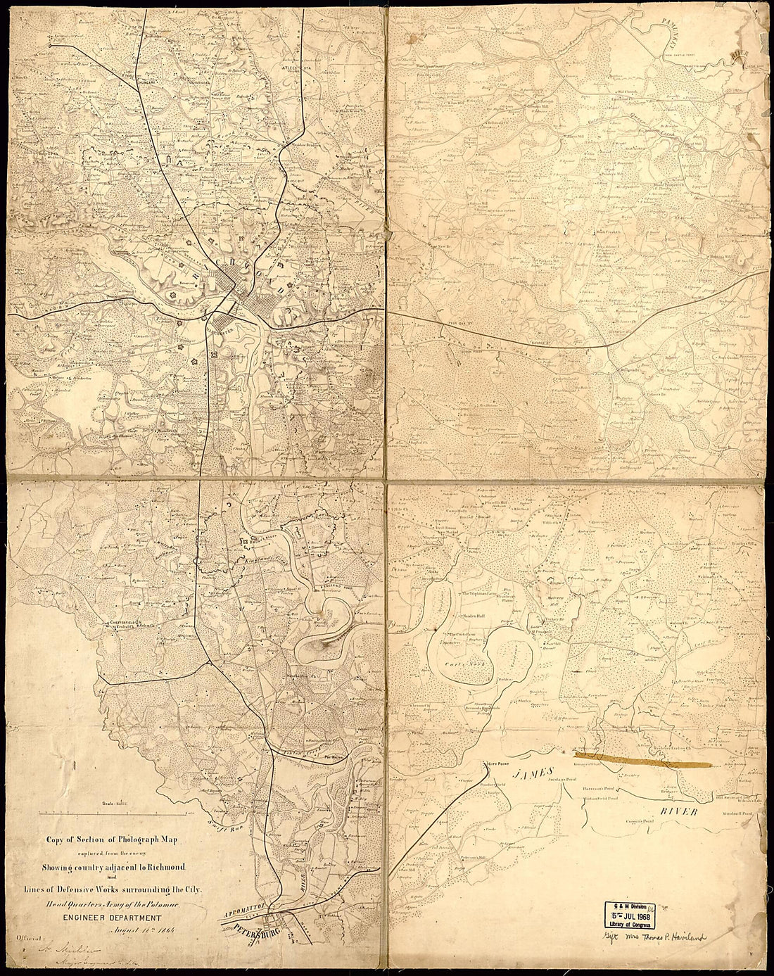 This old map of Copy of Section of Photograph Map Captured from the Enemy, Showing Country Adjacent to Richmond and Lines of Defensive Works Surrounding the City from 1864 was created by  United States. Army of the Potomac. Engineer Department in 1864