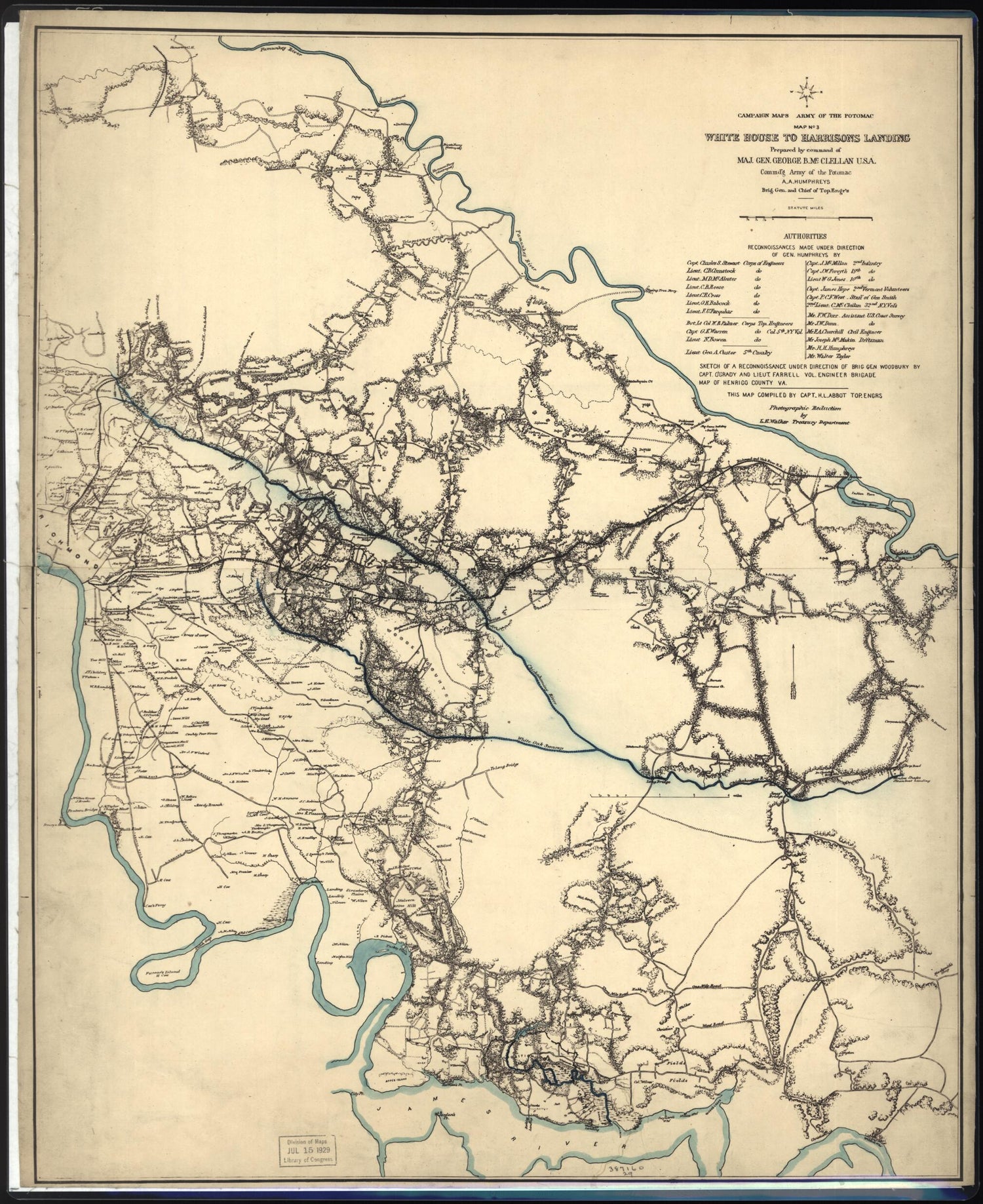 This old map of White House to Harrisons Landing from 1862 was created by Henry L. Abbot in 1862