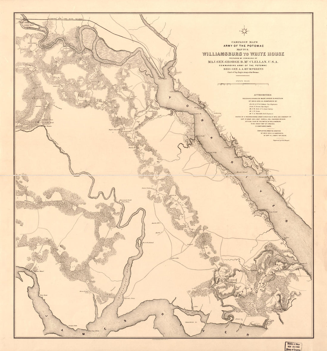 This old map of Williamsburg to White House from 1862 was created by Henry L. Abbot,  Julius Bien &amp; Co in 1862