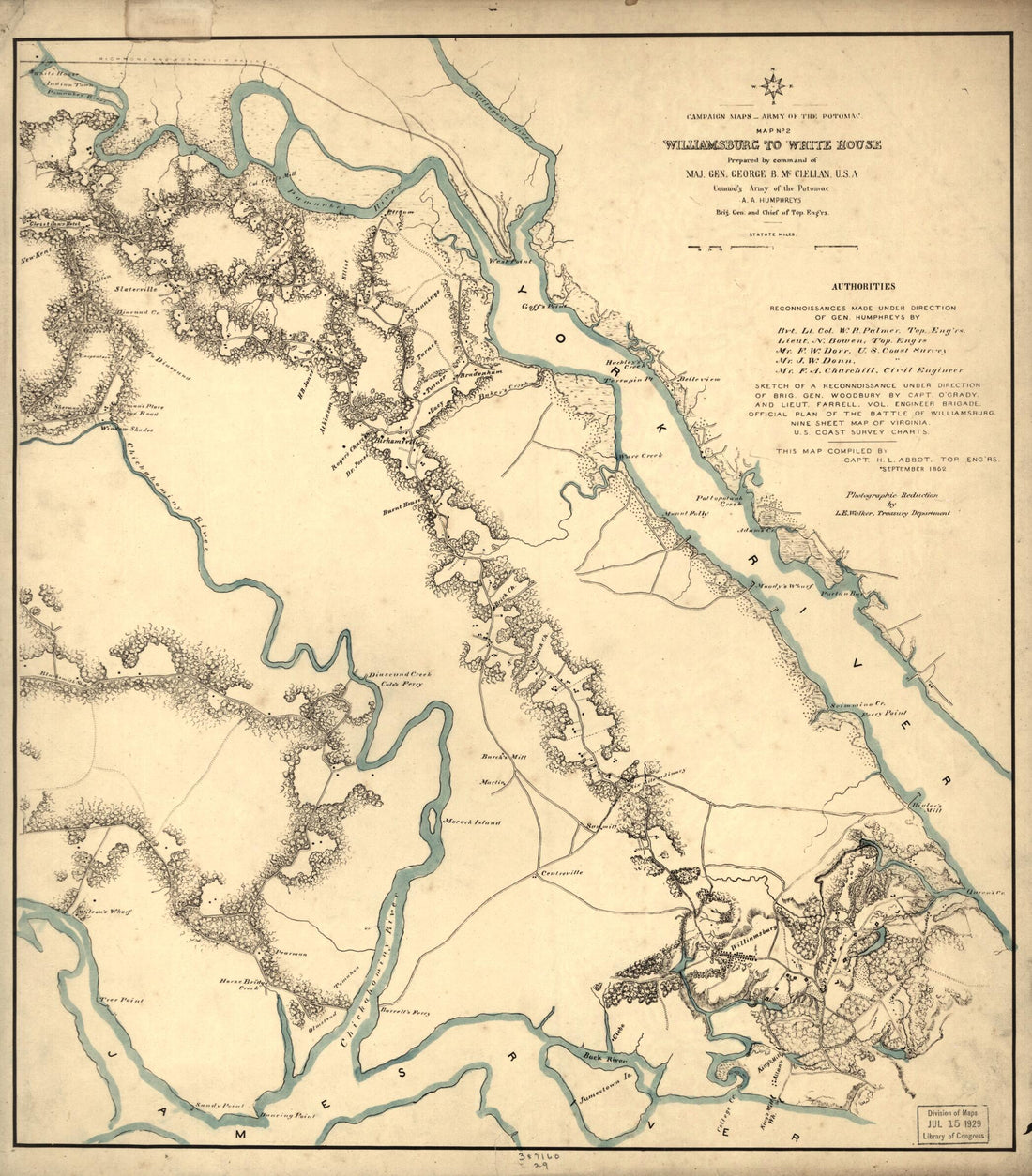 This old map of Williamsburg to White House from 1862 was created by Henry L. Abbot in 1862