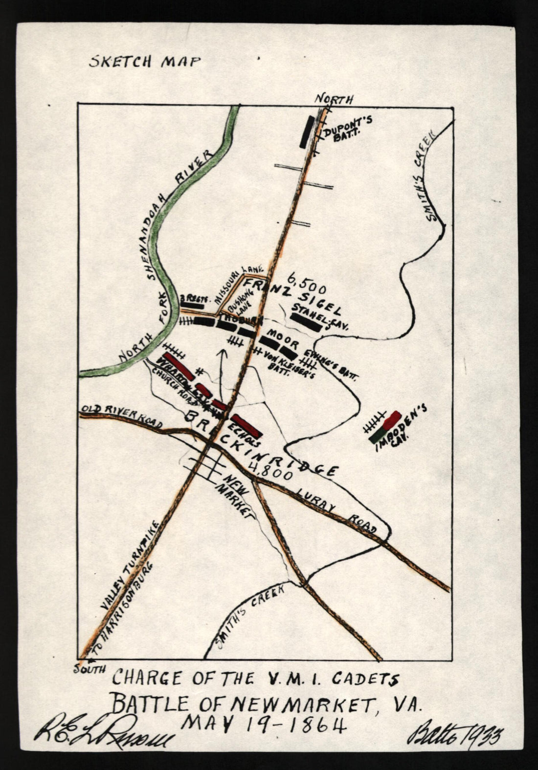 This old map of Charge of the V.M.I. Cadets : Battle of New Market, Va., May 19, from 1864 was created by Robert E. L. Russell in 1864