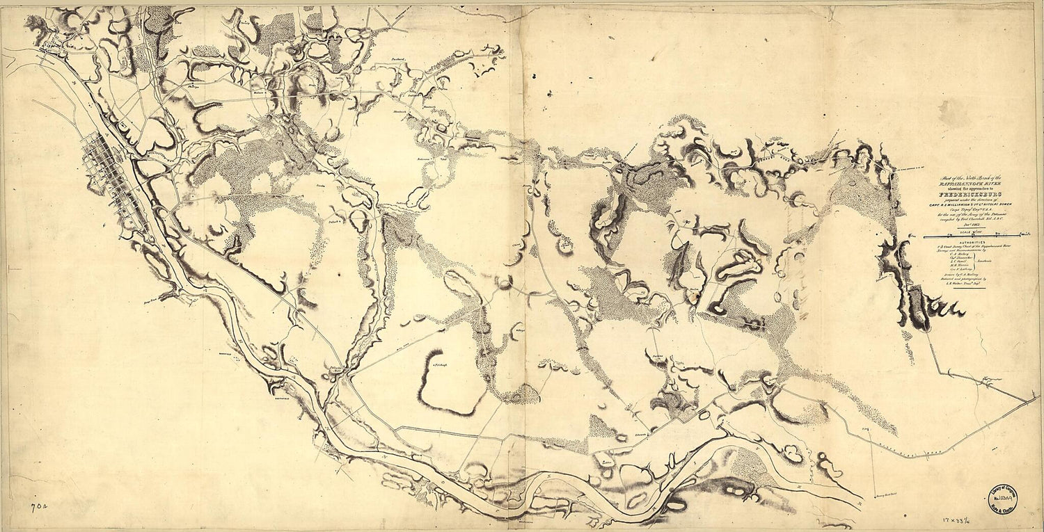 This old map of Part of the North Bank of the Rappahannock River Showing the Approaches to Fredericksburg : Prepared Under the Direction of Capt. R.S. Williamson &amp; 1st Lt. Nicolas Bowen, Corps Topogl. Engrs., U.S.A. for the Use of the Army of the Potomac