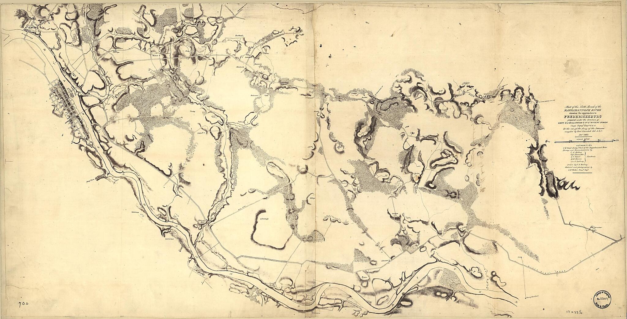 This old map of Part of the North Bank of the Rappahannock River Showing the Approaches to Fredericksburg : Prepared Under the Direction of Capt. R.S. Williamson &amp; 1st Lt. Nicolas Bowen, Corps Topogl. Engrs., U.S.A. for the Use of the Army of the Potomac
