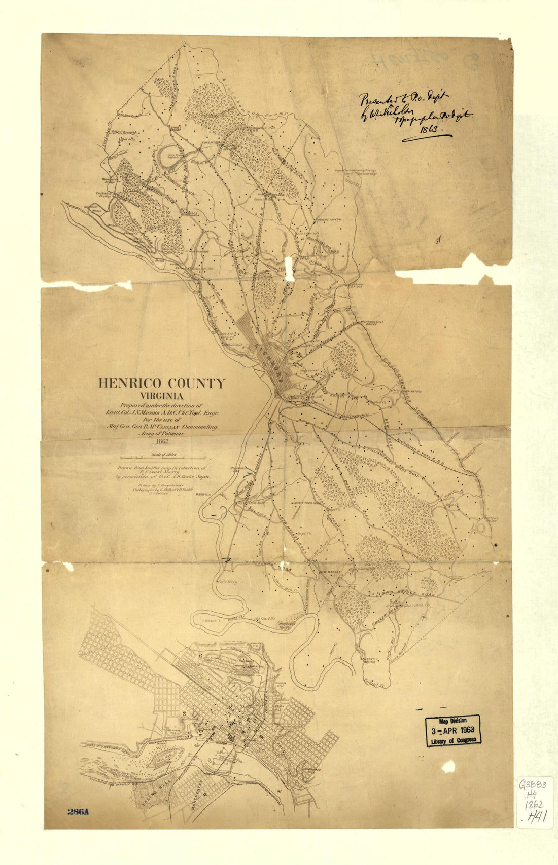 This old map of Henrico County, Virginia : Prepared Under the Direction of Lieut. Col. J.N. Macomb, A.D.C., Chf. Topl. Engr. for the Use of Maj. Gen. Geo. B. McClellan, Commanding Army of Potomac from 1862 was created by E. (Edwin) Hergesheimer in 1862