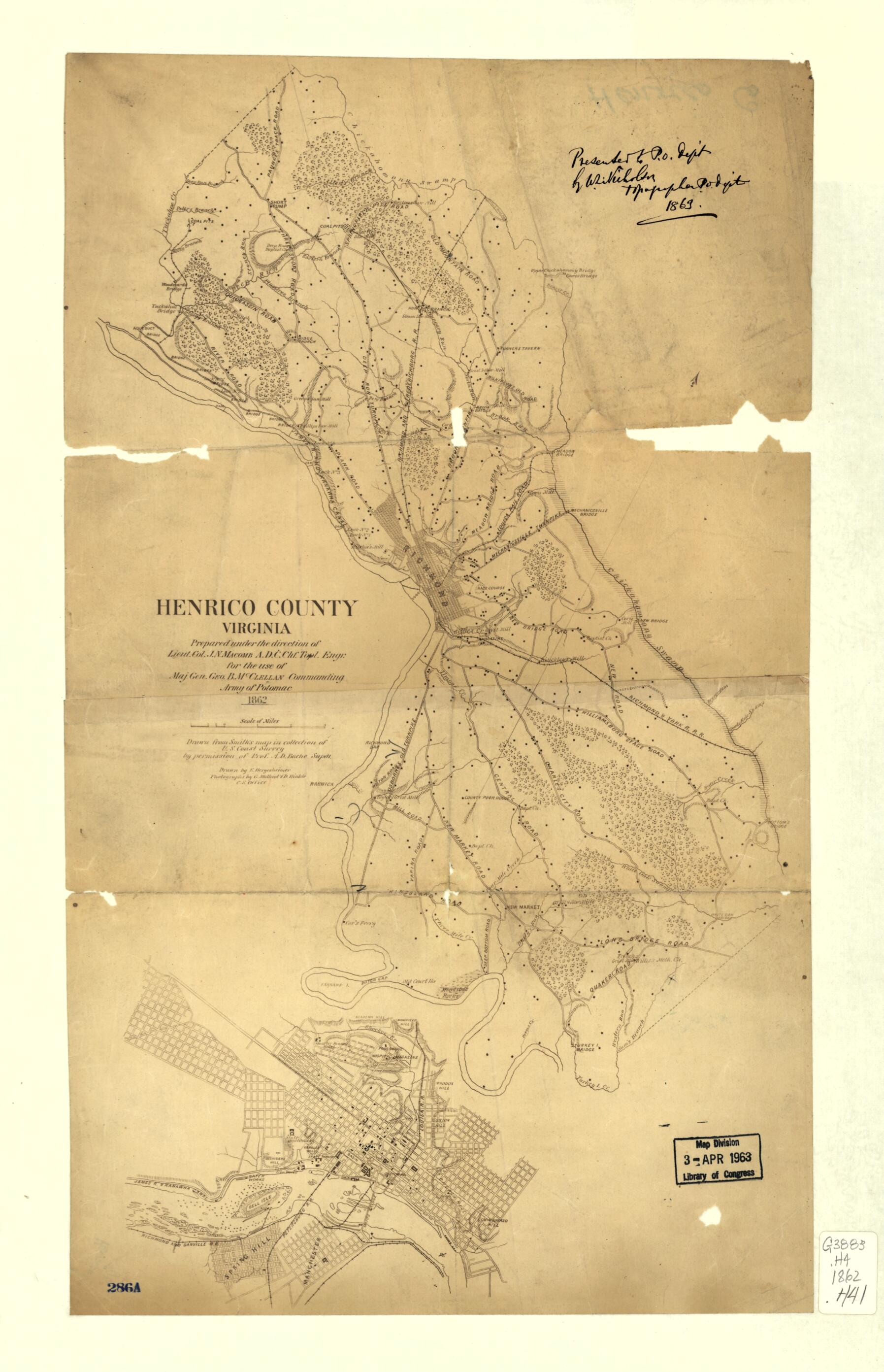 This old map of Henrico County, Virginia : Prepared Under the Direction of Lieut. Col. J.N. Macomb, A.D.C., Chf. Topl. Engr. for the Use of Maj. Gen. Geo. B. McClellan, Commanding Army of Potomac from 1862 was created by E. (Edwin) Hergesheimer in 1862