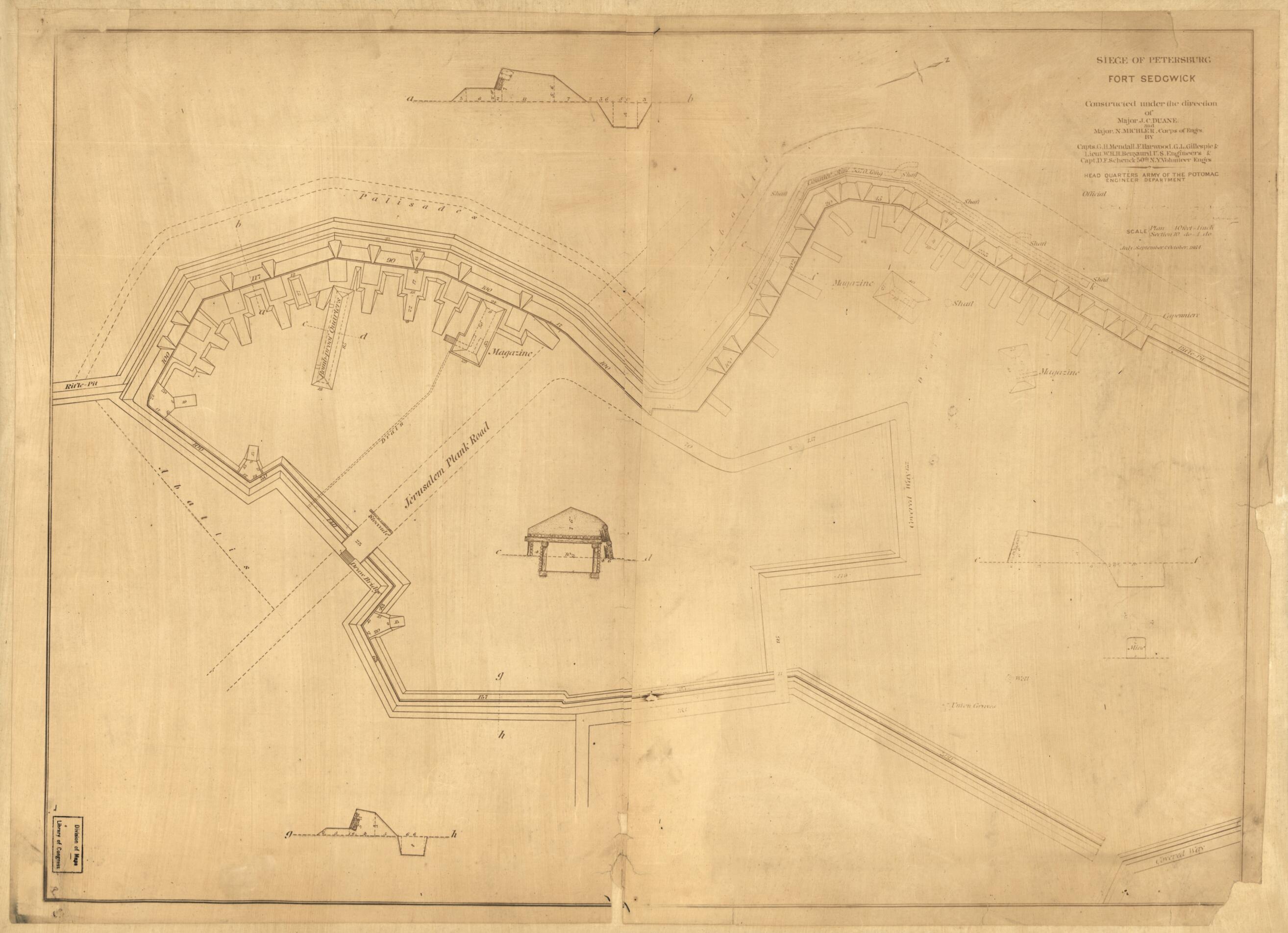 This old map of Fort Sedgwick from 1864 was created by James C. (James Chatham) Duane, N. (Nathaniel) Michler in 1864