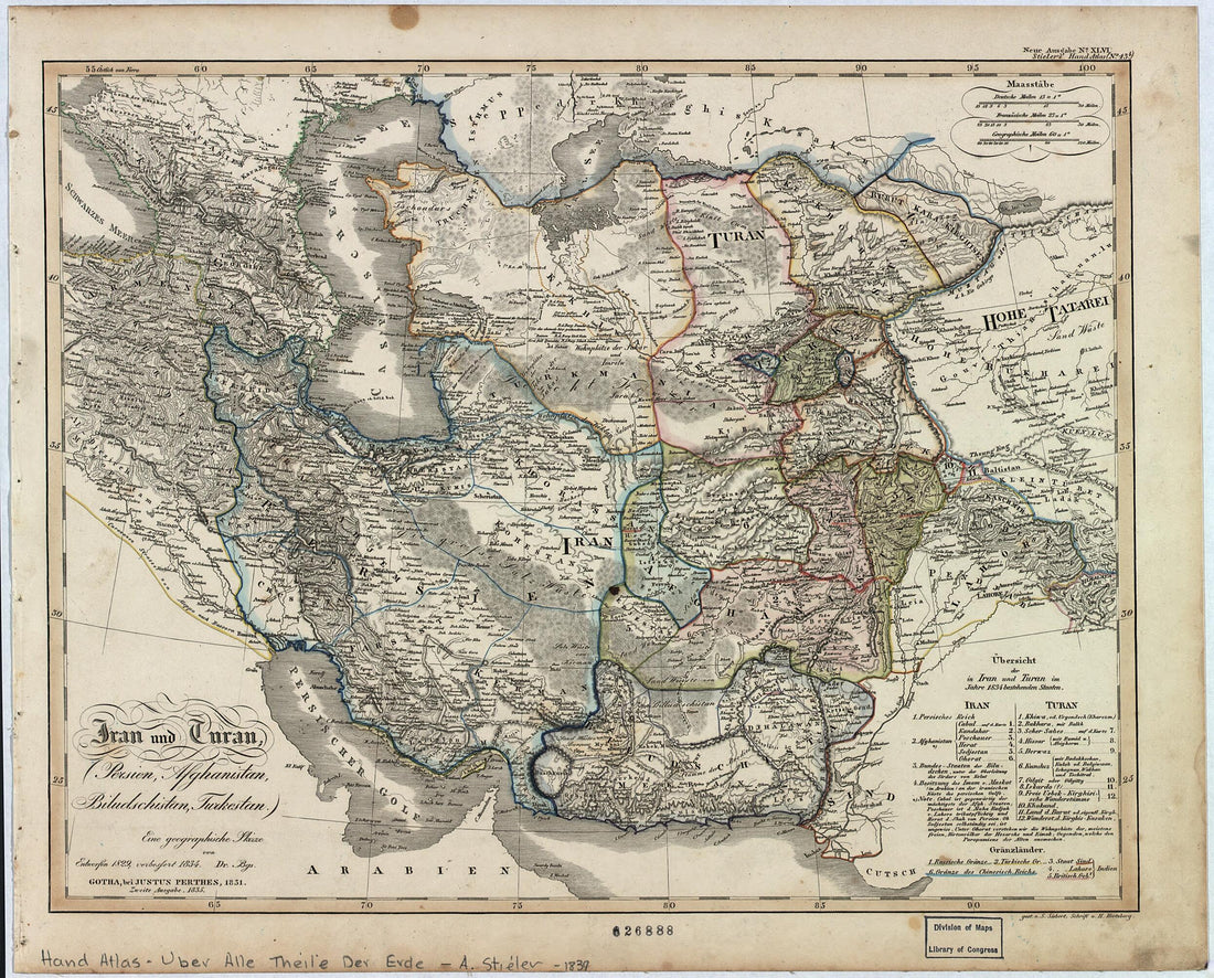 This old map of Iran Und Turan : Persien, Afghanistan, Biludschistan, Turkestan : Eine Geographische Skizze from 1835 was created by Heinrich Karl Wilhelm Berghaus, Germany) Justus Perthes (Firm : Gotha in 1835