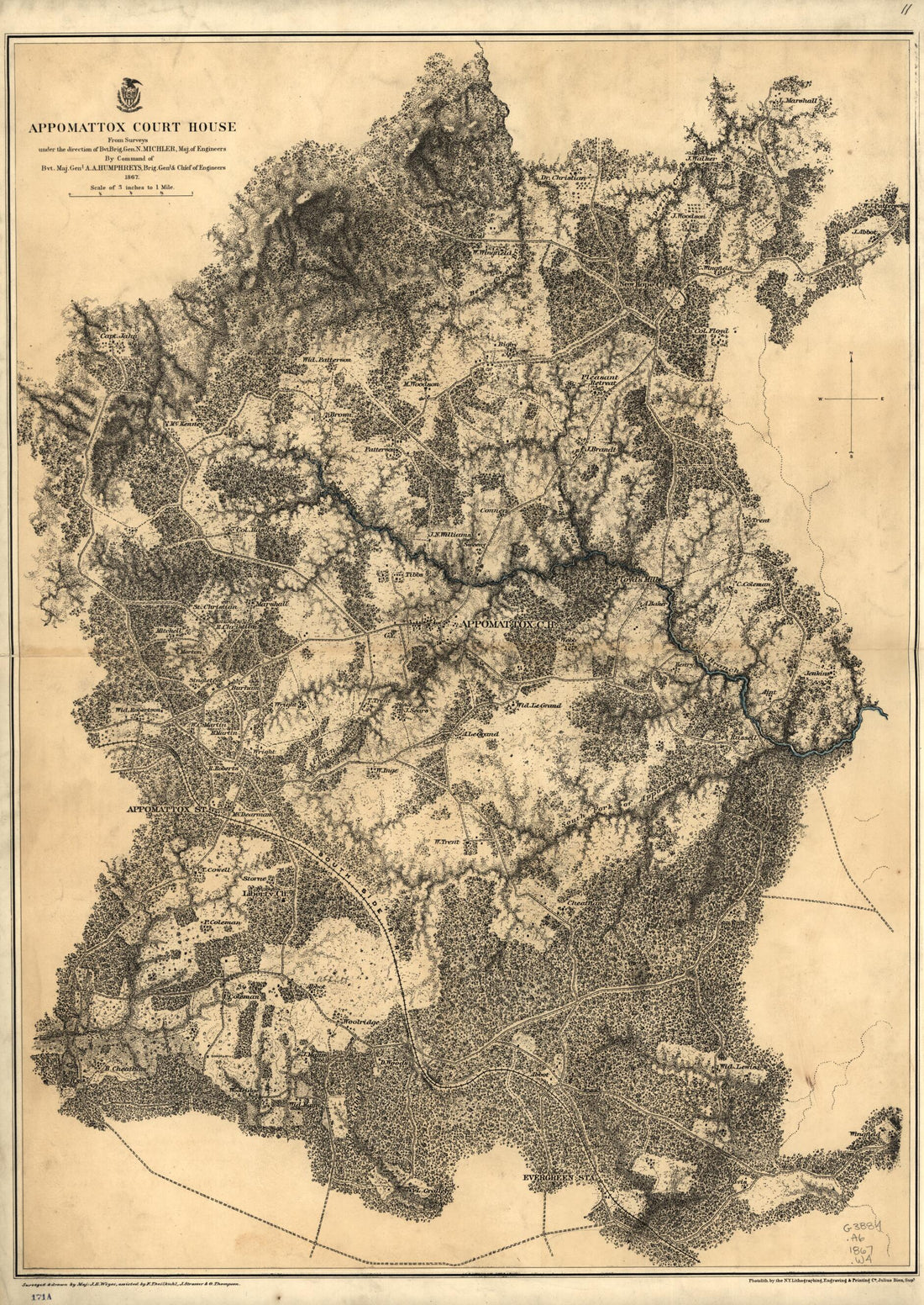 This old map of Appomattox Court House. 1865 from 1867 was created by N. (Nathaniel) Michler, J. E. Weyss in 1867