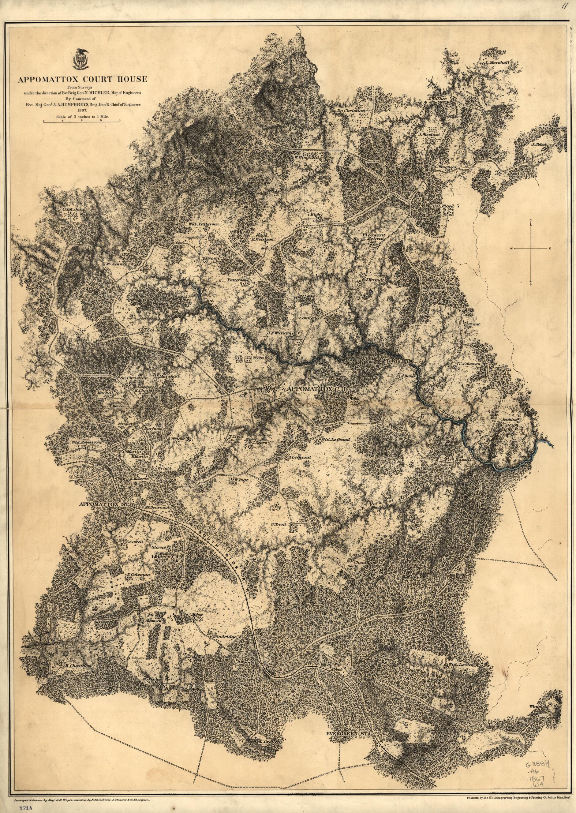 This old map of Appomattox Court House. 1865 from 1867 was created by N. (Nathaniel) Michler, J. E. Weyss in 1867