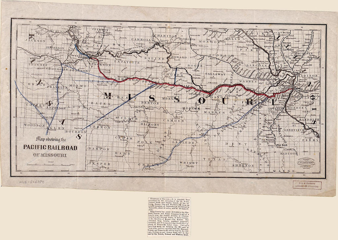 This old map of Map Showing the Pacific Railroad of Missouri from 1865 was created by  G.W. &amp; C.B. Colton &amp; Co in 1865