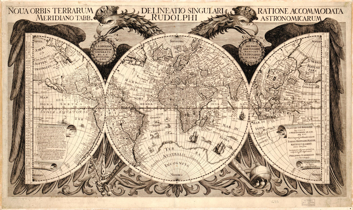 Noua Orbis Terrarum Delineatio Singulari Ratione Accommodata Meridiano Tabb. Rudolphi Astronomicarum (Nova Orbis Terrarum Delineatio Singulari Ratione Accommodata Meridiano Tabb. Rudolphi Astronomicarum) 1630 by Relic Map Company
