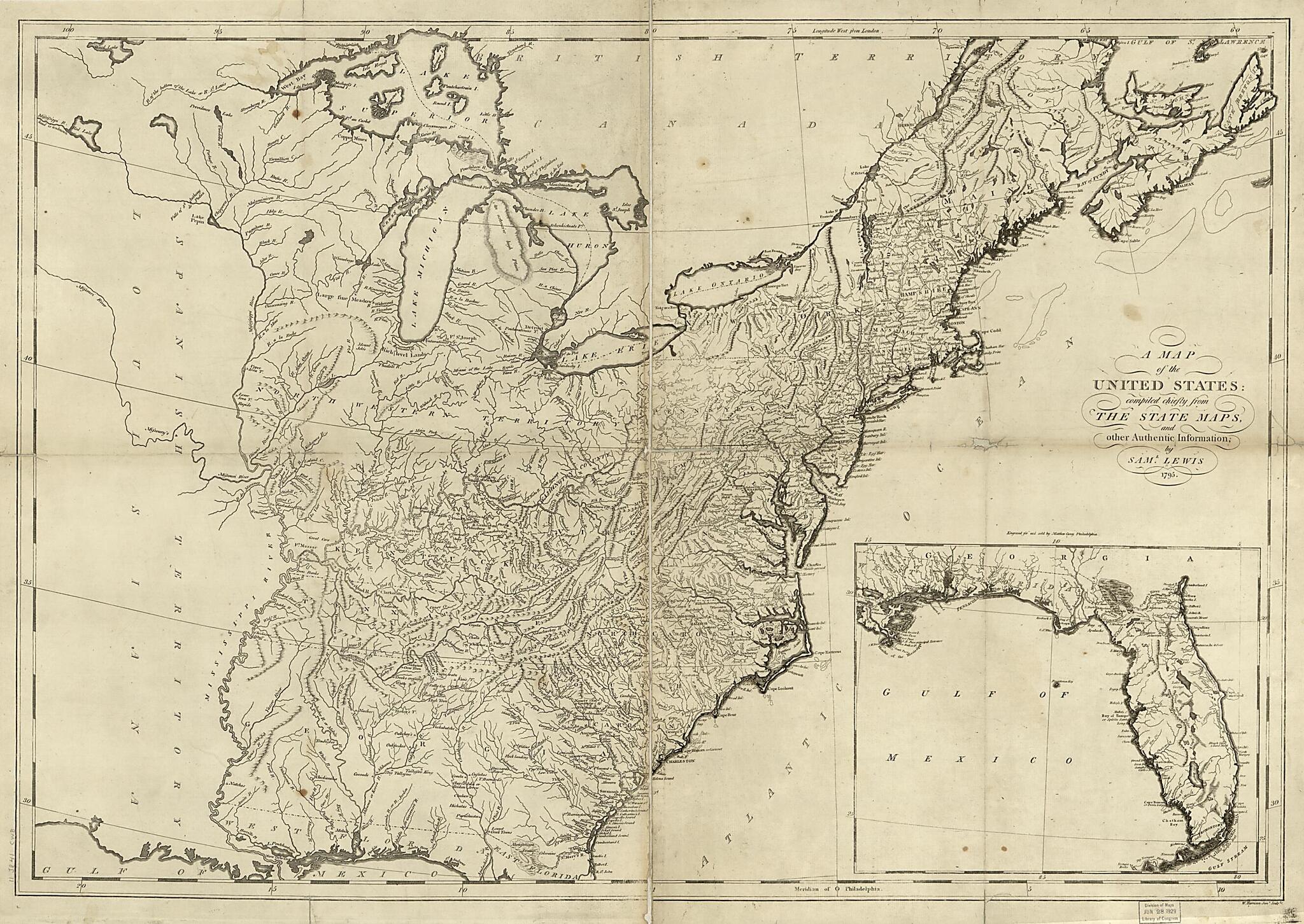 This old map of A Map of the United States : Compiled Chiefly from the State Maps and Other Authentic Information from 1795 was created by Mathew Carey, William Harrison, Samuel Lewis in 1795