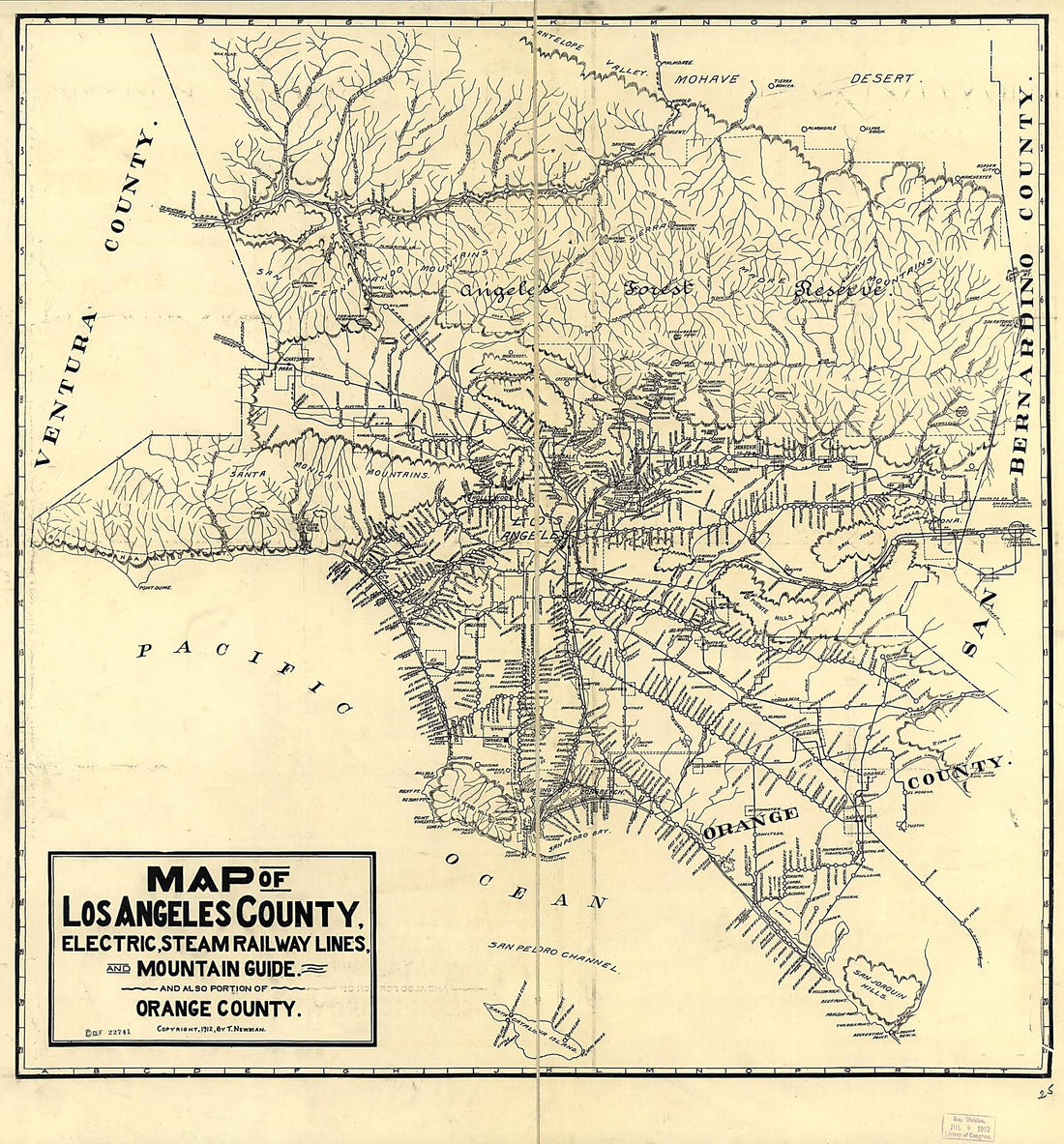 This old map of Map of Los Angeles County : Electric, Steam Railway Lines, and Mountain Guide and Also Portion of Orange County from 1912 was created by T. Newman in 1912