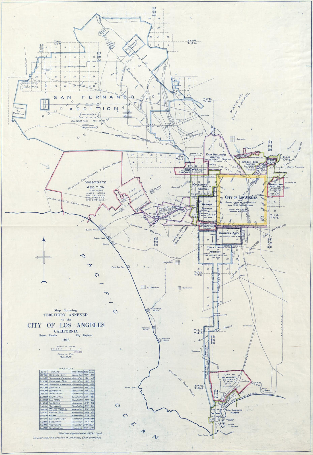 This old map of Map Showing Territory Annexed to the City of Los Angeles, California from 1916 was created by Homer Hamlin in 1916