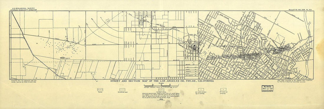 This old map of Street and Section Map of the Los Angeles Oil Fields, California from 1906 was created by  A. Hoen &amp; Co, Ralph Arnold in 1906