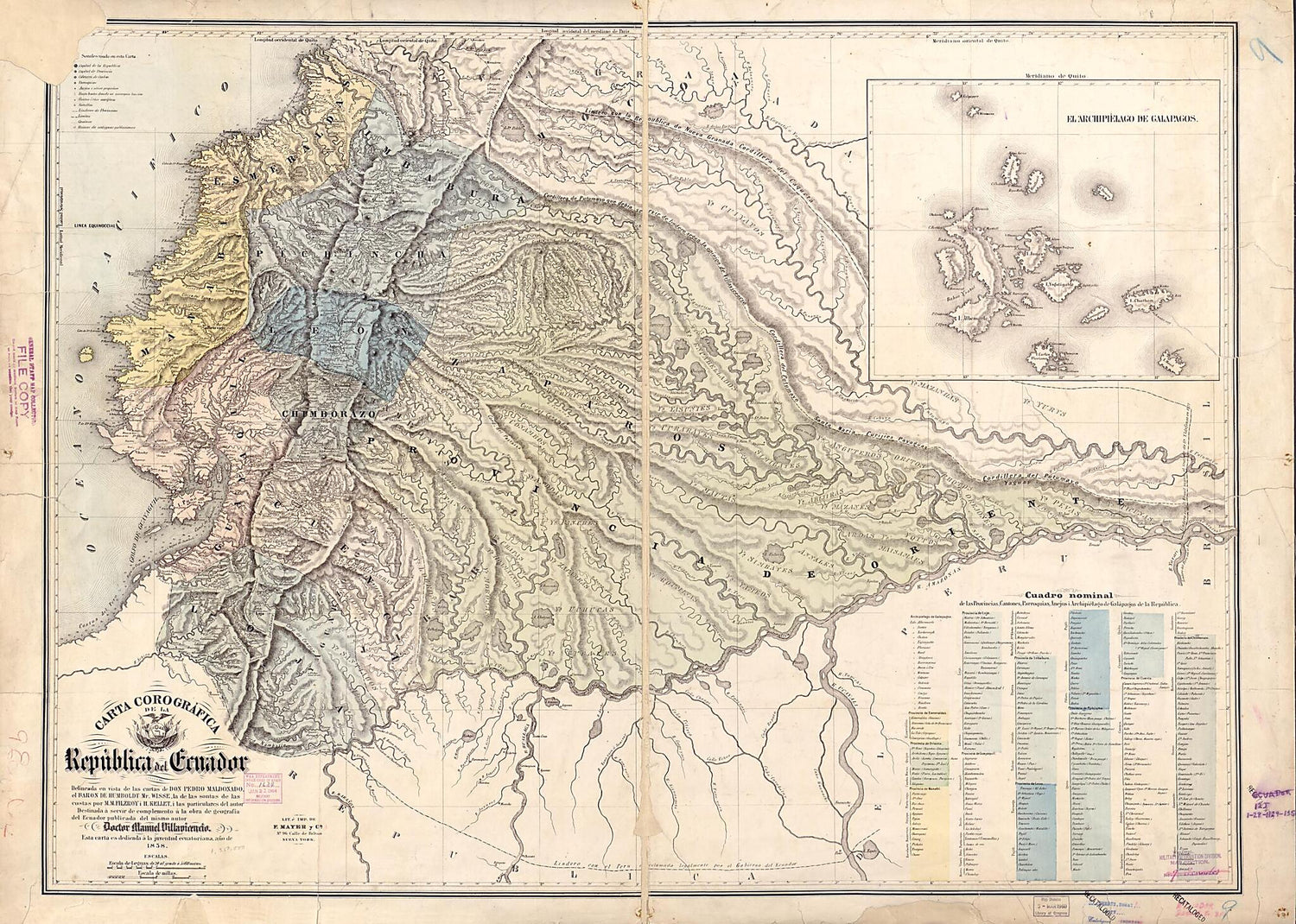 Carta Corográfica De La Republica Del Ecuador : Delineada En Vista De Las Cartas De Don Pedro Maldonado, El Baron De Humboldt Mr. Wisse, La De Las Sontas De Las Costas Por M.M. Filzroy I H. Kellet I Las Particulares Del Autor 1858 by Relic Map Company